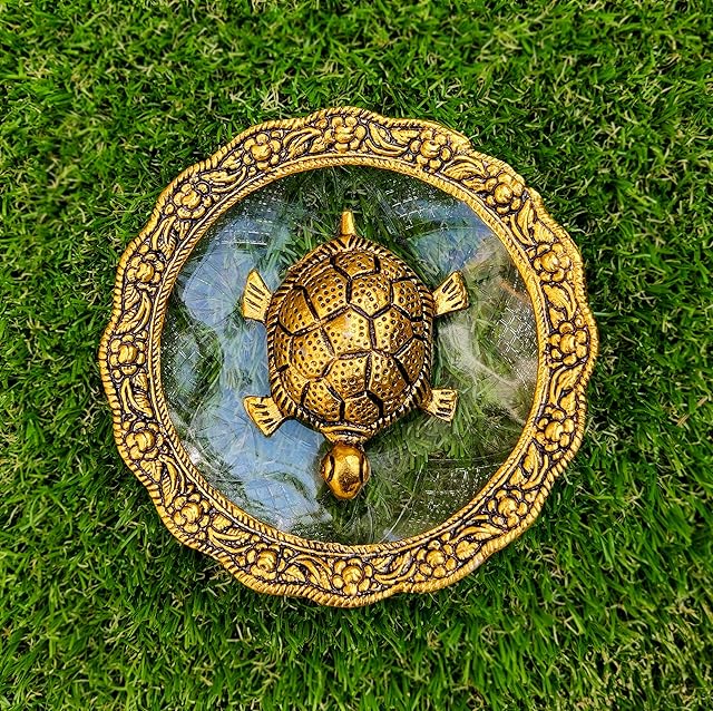 Wonder Care | Feng Shui Tortoise Statue Within Glass Plate Sculpted in Great Detail in Ivory Antique Finish - Idol for Car | Home Decor | Gift | (Turtle Plate 5")