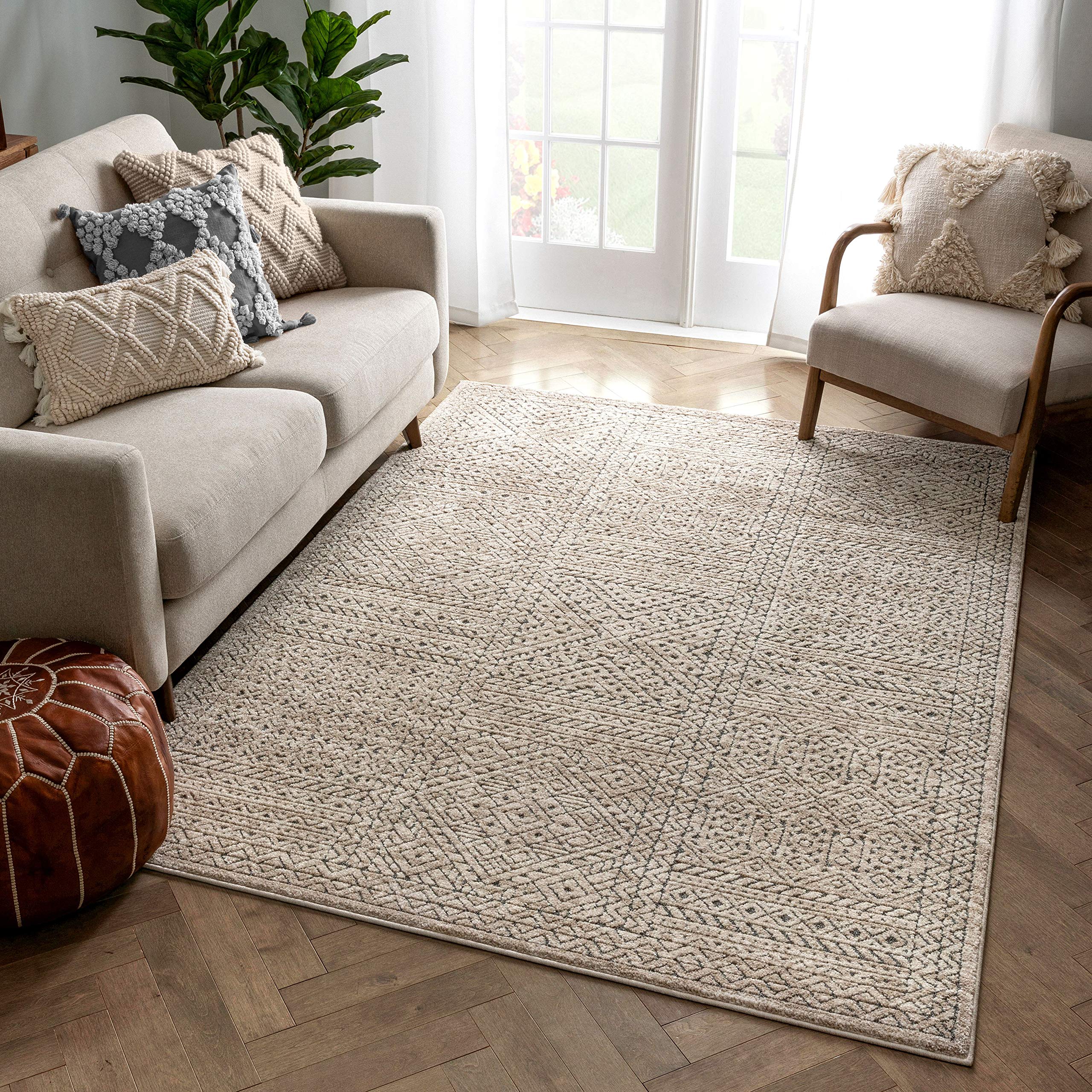 Well WovenLuda Beige Tribal Geometric Distressed High-Lo Pile Area Rug (3'11" x 5'3")