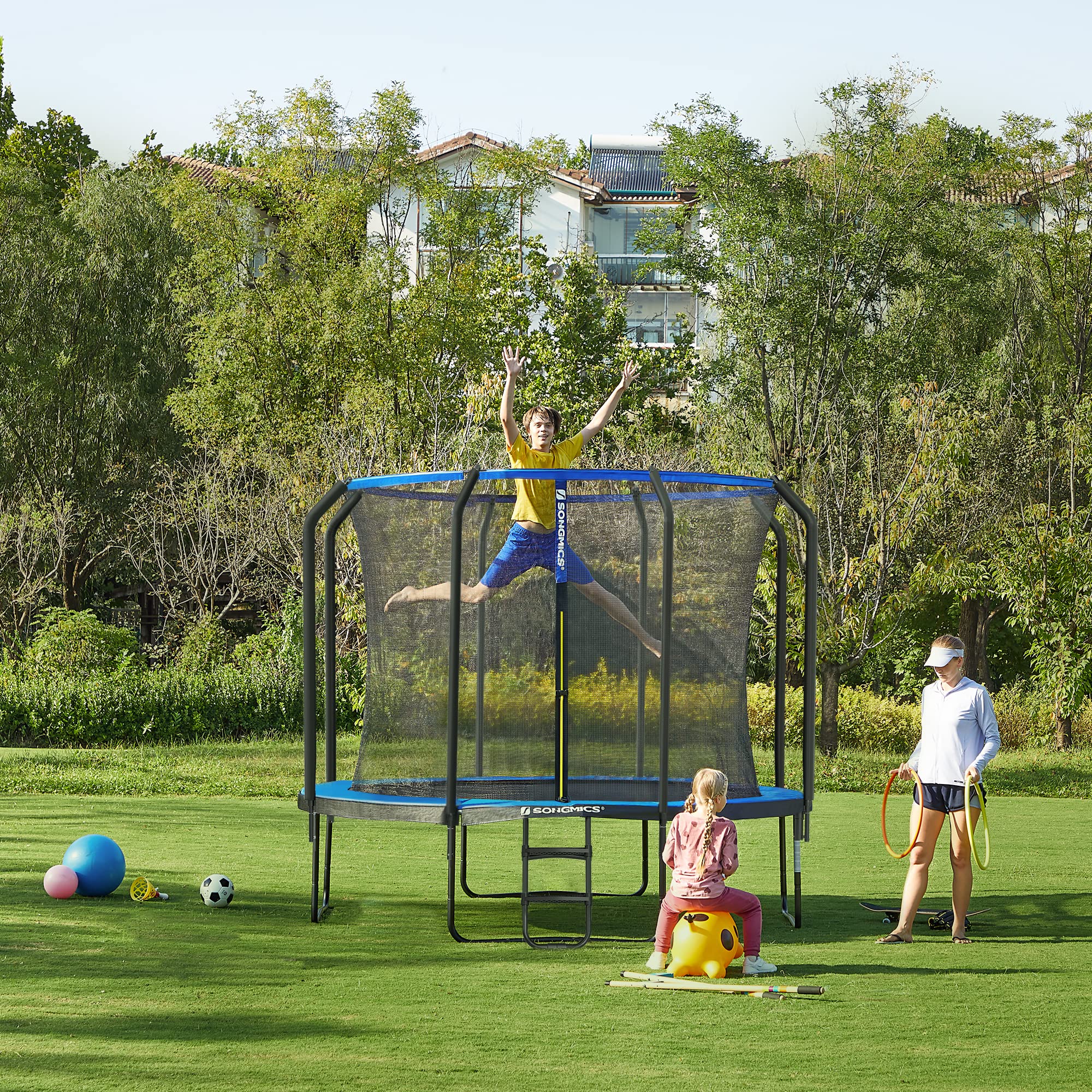 SONGMICS Cama Elástica, Redonda Cama Elástica de Jardín con Red de Seguridad Interior, Escalera, Postes Acolchados, para Niños y Adultos