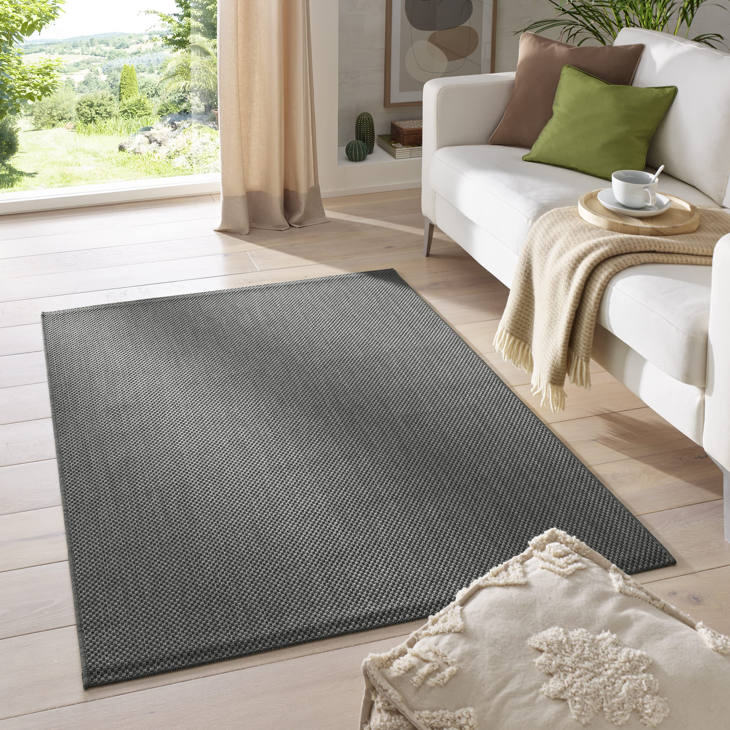 TacaHome Outdoor Teppich I UV-Stabil Für Drinnen und Draußen I Terrasse Balkon Garten Wohnzimmer Badezimmer Küche Flur Läufer | 140 x 200 cm Anthrazit