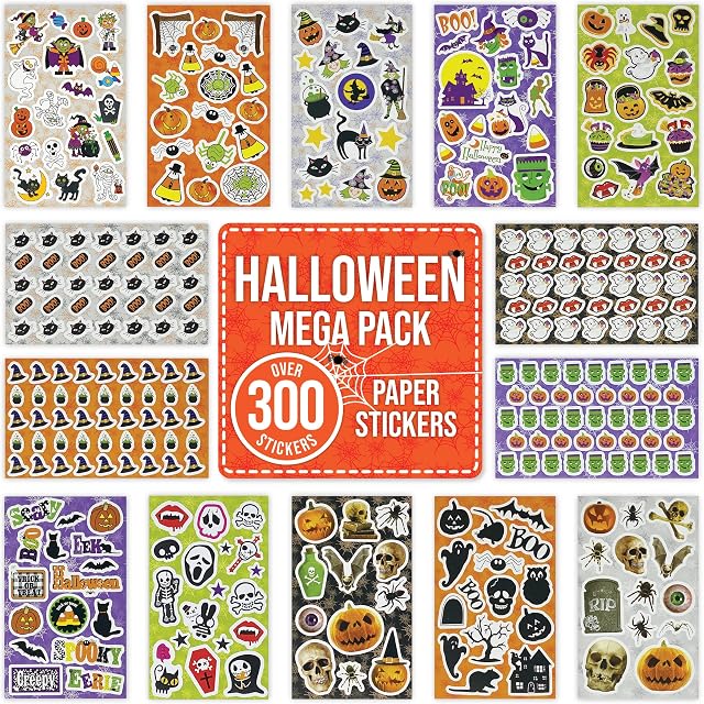 Halloween Stickers OVER 300 for Children Kids Party Bag Fillers - Self Adhesive Spooky Craft Scrapbook Decorations for Halloween Party - Witch Ghost Vampire Spider Frankenstein Pumpkin Skull Bat