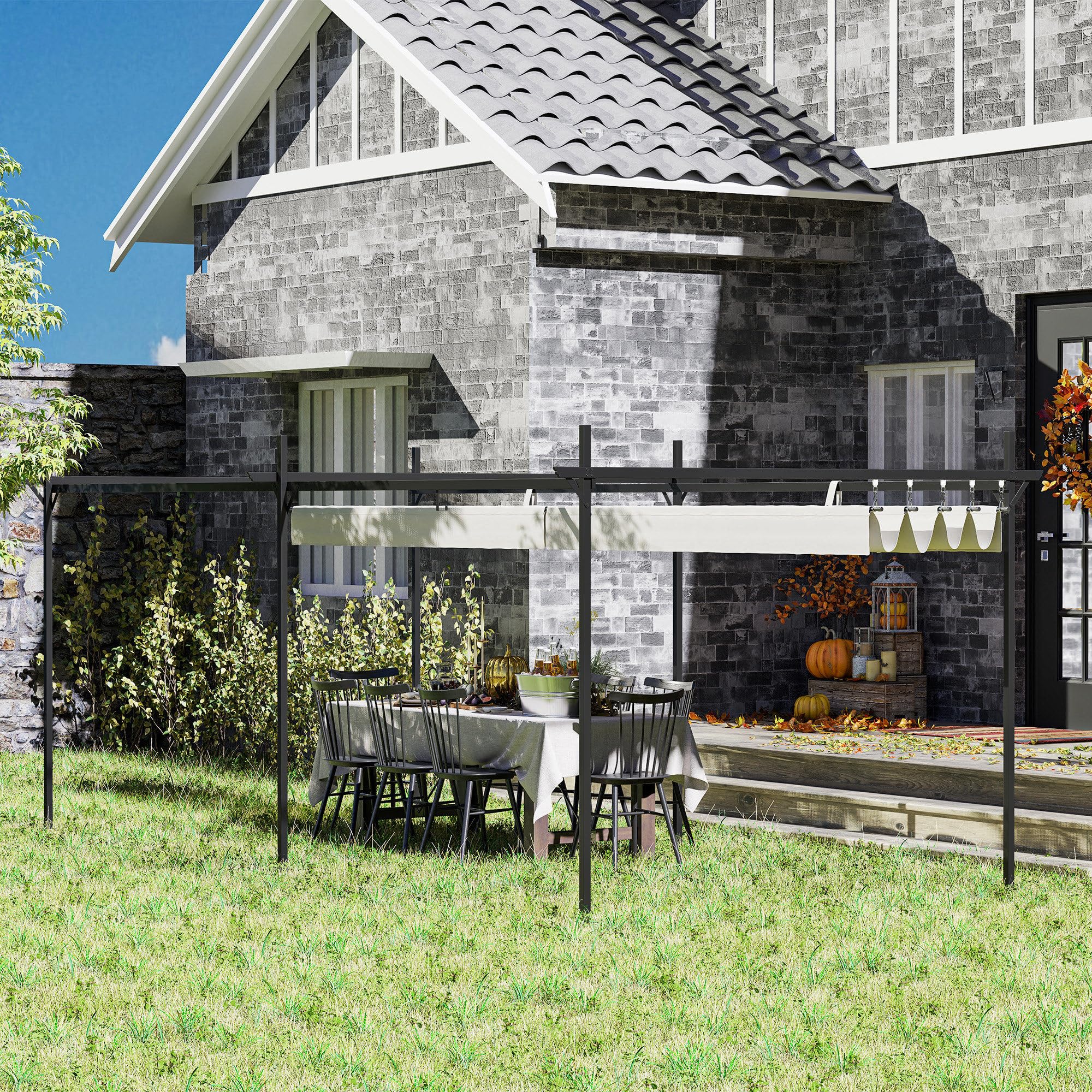 Outsunny Pérgola de Jardín 6x3 m con Techo Retráctil, Cenador de Jardín con UPF30+, Estructura Metálica, Tela de Poliéster, Pabellón para Exterior, Terraza, Crema