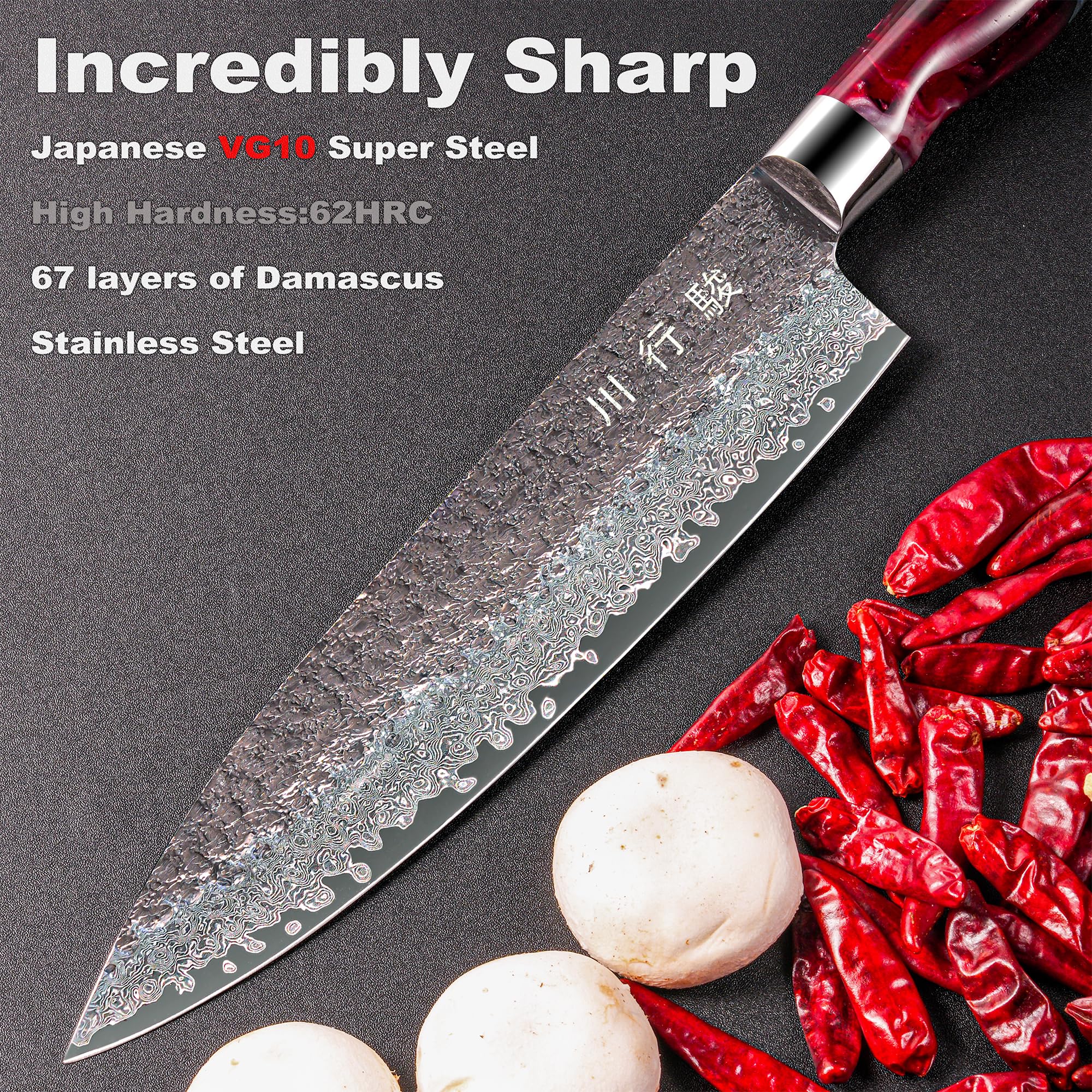 Japanese Chef Knife,8 Inch Chefs Knife Damacus with VG10 Steel Core,Professional Black Forged Kitchen Knives with Ergonomic Handle,Sharpening Stone & Luxury Gift Box, Cooking Gifts for Men Women — Amazon image 3