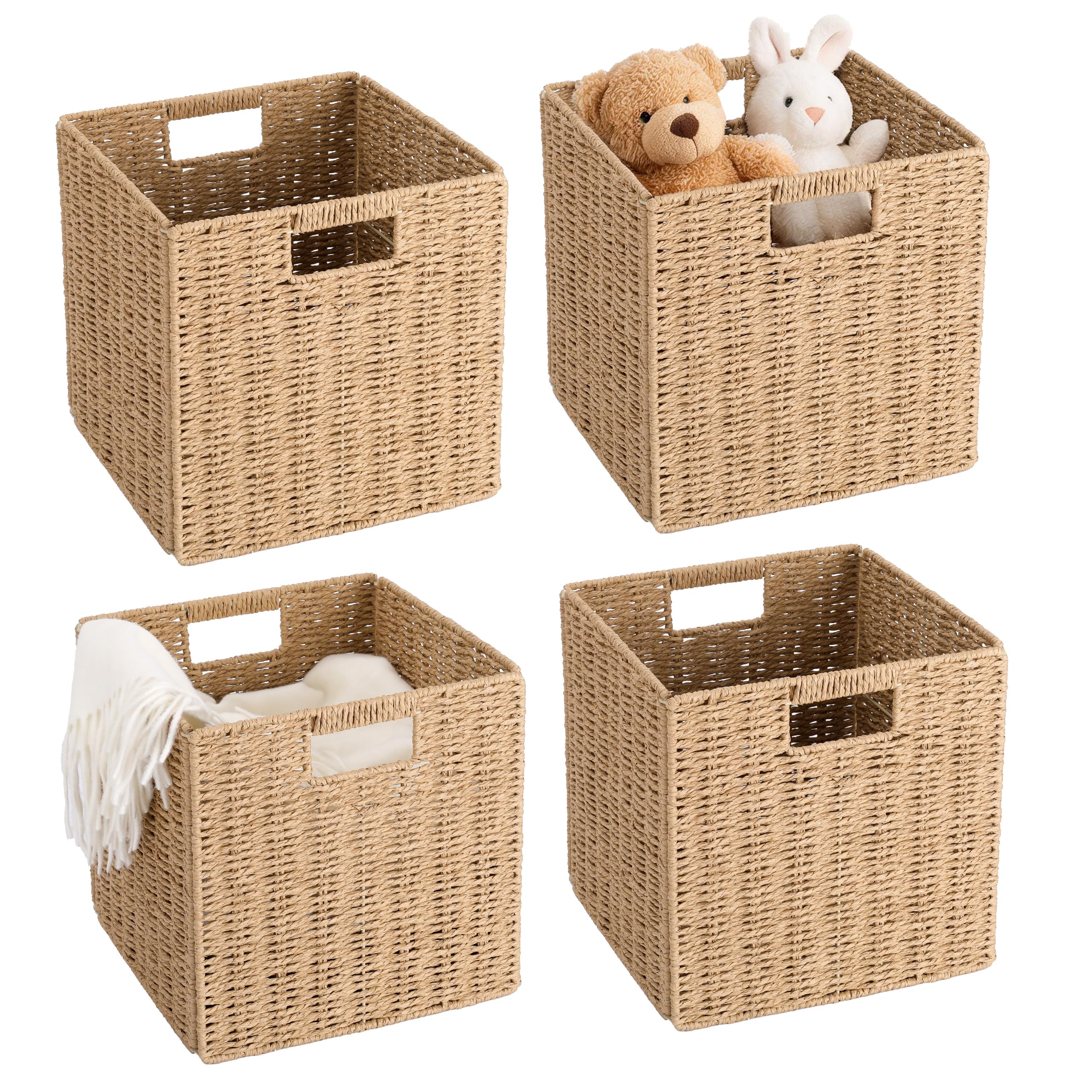 Photo 1 of 11 inch Cube Storage Bins, Wicker Storage Baskets for Organizing Foldable, 11x11x11inch Square Handwoven Cubby Organizer Bins, Large Collapsible Basket for Shelf Bedroom Living Room, 4 Pack
