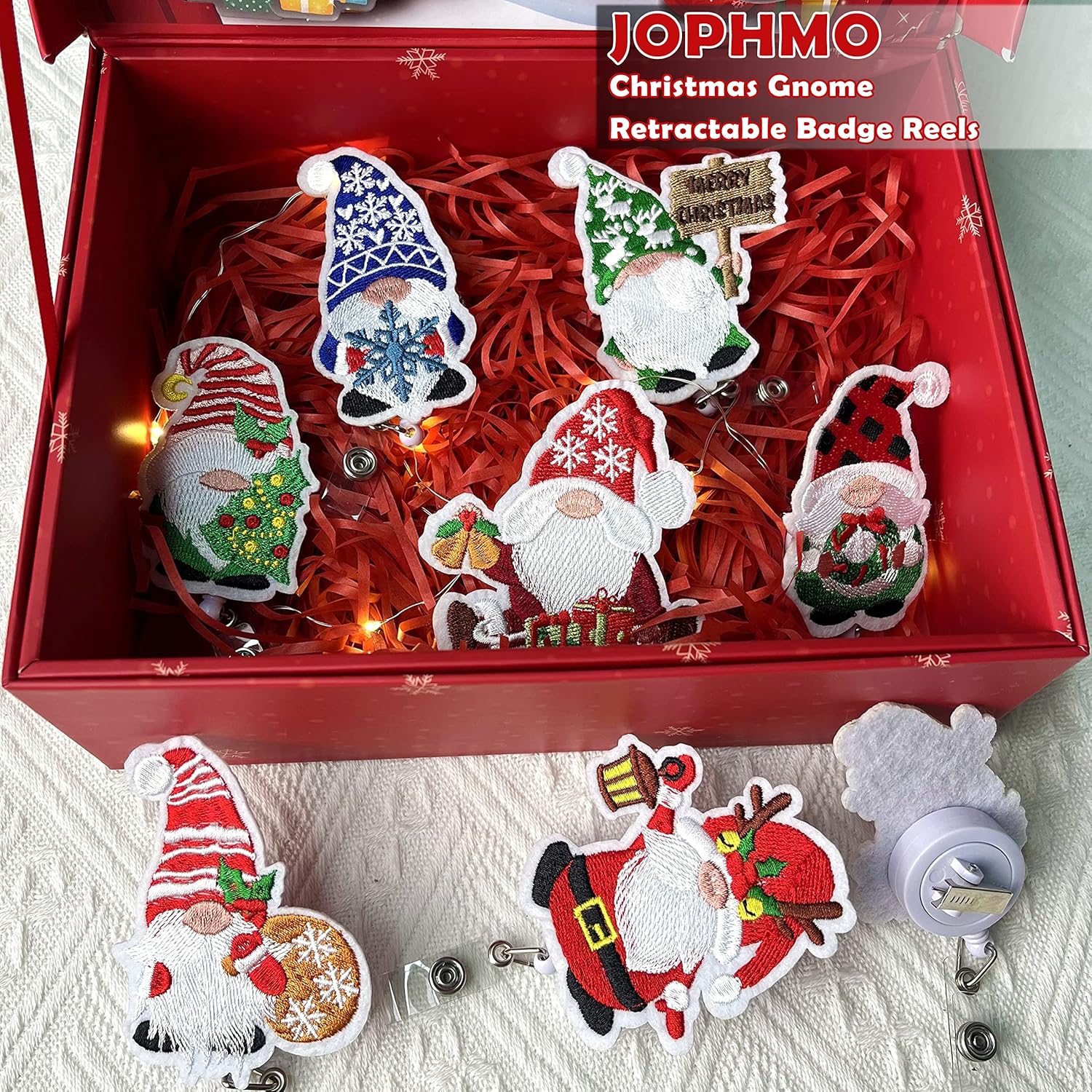 Christmas Gnome Badge Reels Holiday Felt Badge Holder Embroidered Retractable ID Name Badge Reel with Alligator Clip and 25inch Cord Extension Students Teacher Nurses Christmas Gifts