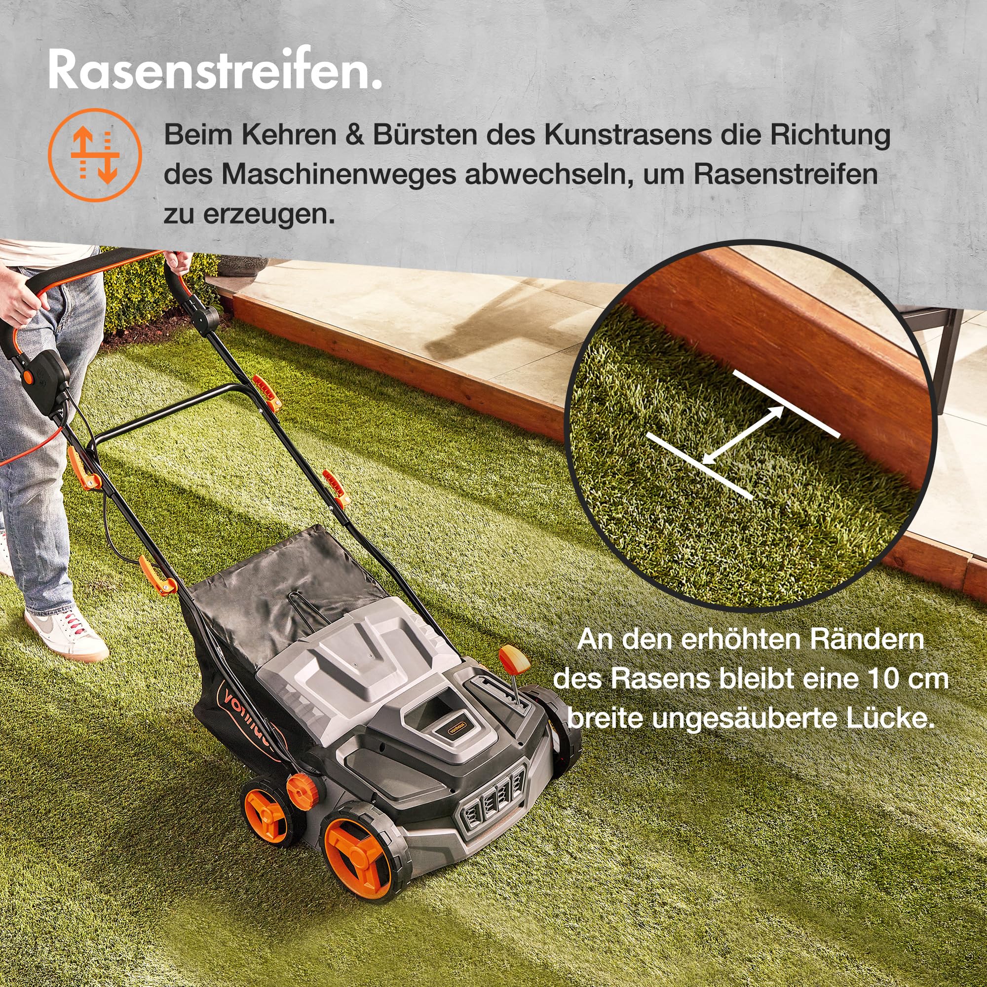 VonHaus Hochleistungs-Kunstrasenbürste 1800W, Laubsammler für Kunstrasen, Elektrische Kunstrasen Kehrmaschine Reiniger, 45 L Fangsack, 5 Einstellbare Höhen, 380 mm Arbeitsbreite, Klappbarer Handgriff