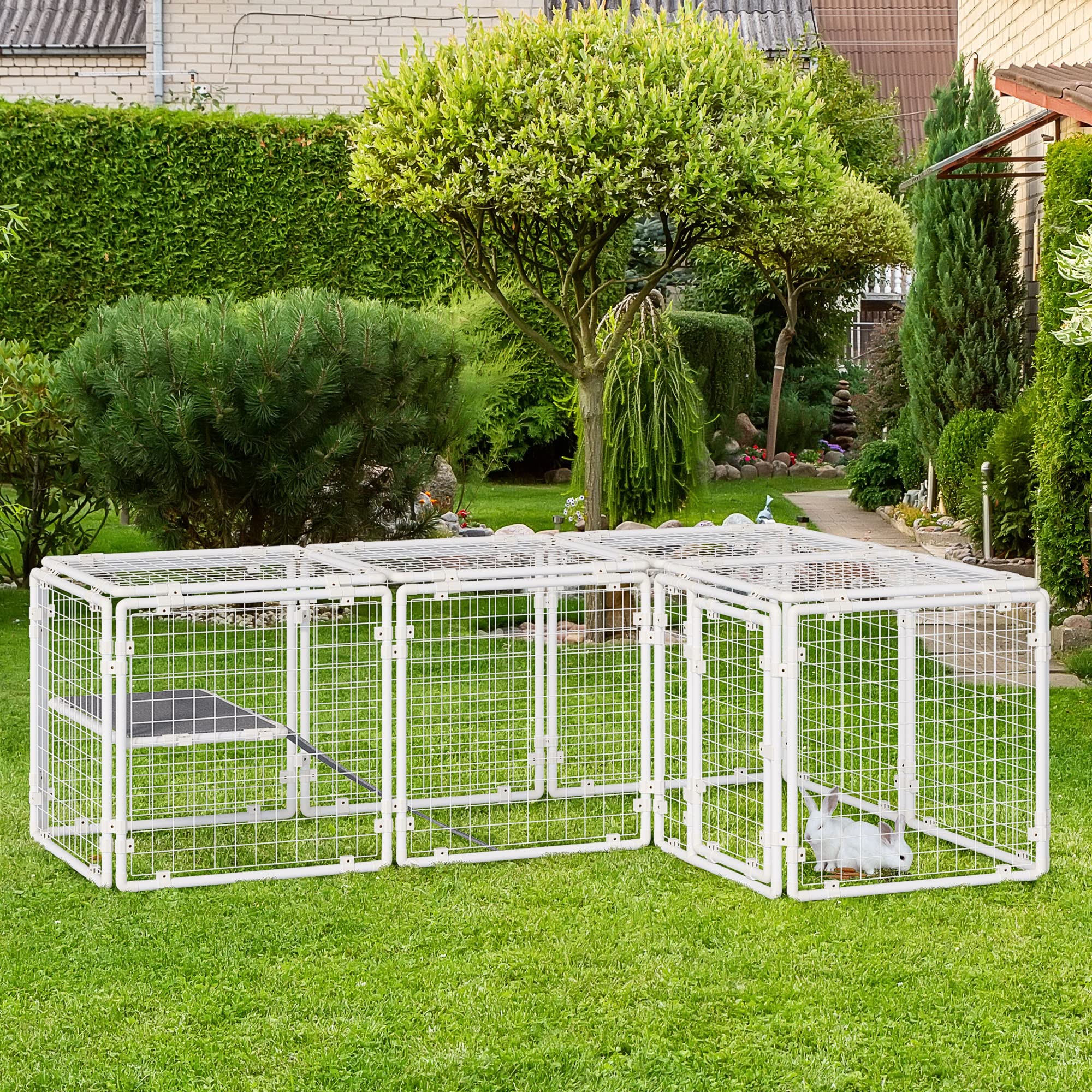 Pawhut Conejera Valla de Metal Corralito con Puerta Pestillo de 16 Paneles y Escalera para Gatos Cachorros Conejos DIY 68x68x2,5 cm Blanco