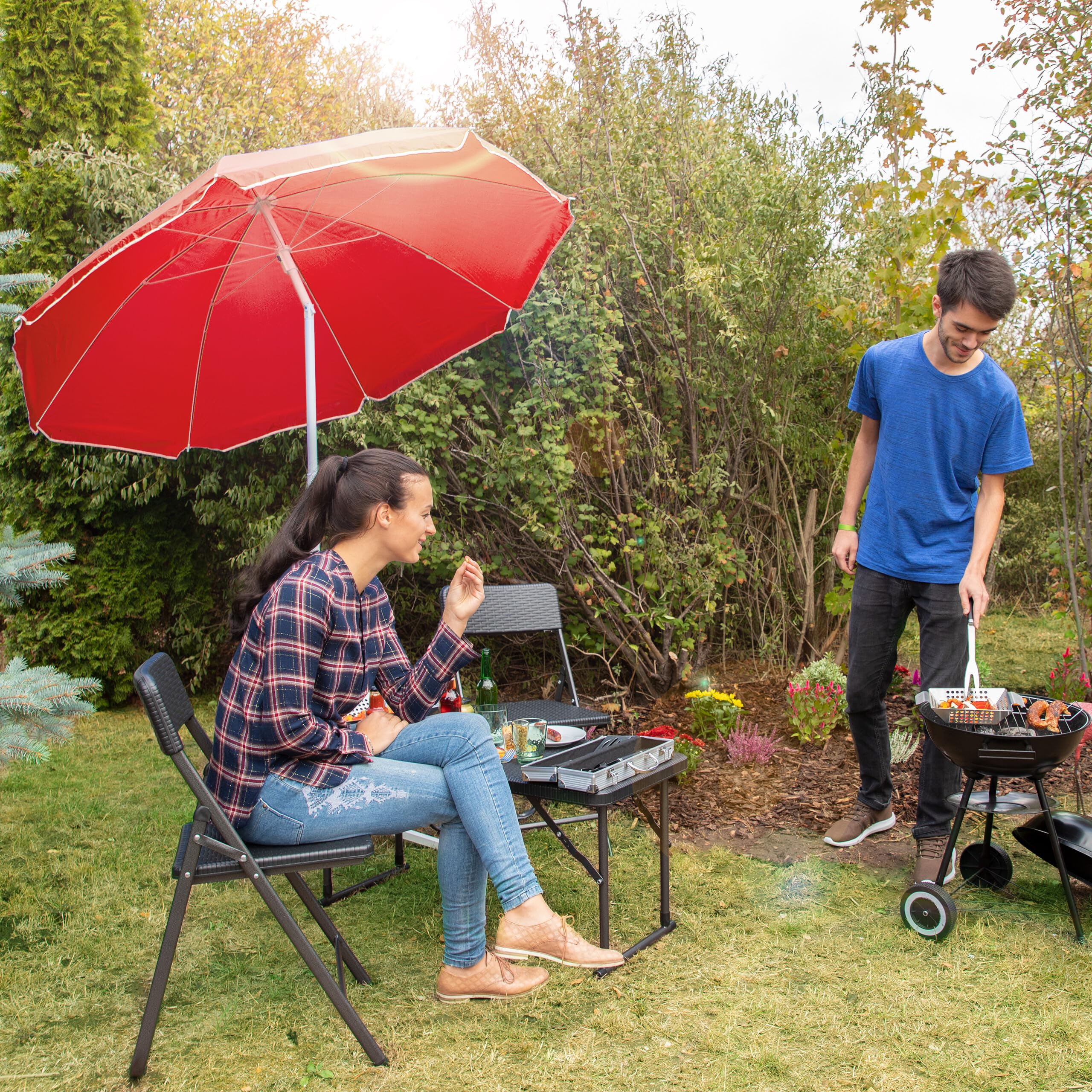 Relaxdays Parasol, Ø 180 cm, hauteur réglable, inclinable, rond, polyester, acier, jardin, balcon, plage, diff. couleurs