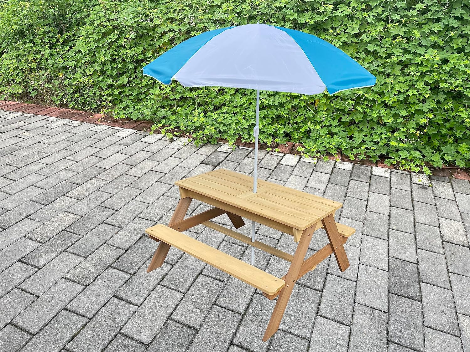 BTExpert Kids 3-in-1 Sand Water Activity Table Wooden Outdoor Convertible Picnic Table Bench Adjustable Umbrella Removable Top 2 Play Boxes Toy Set 37 x 35 in
