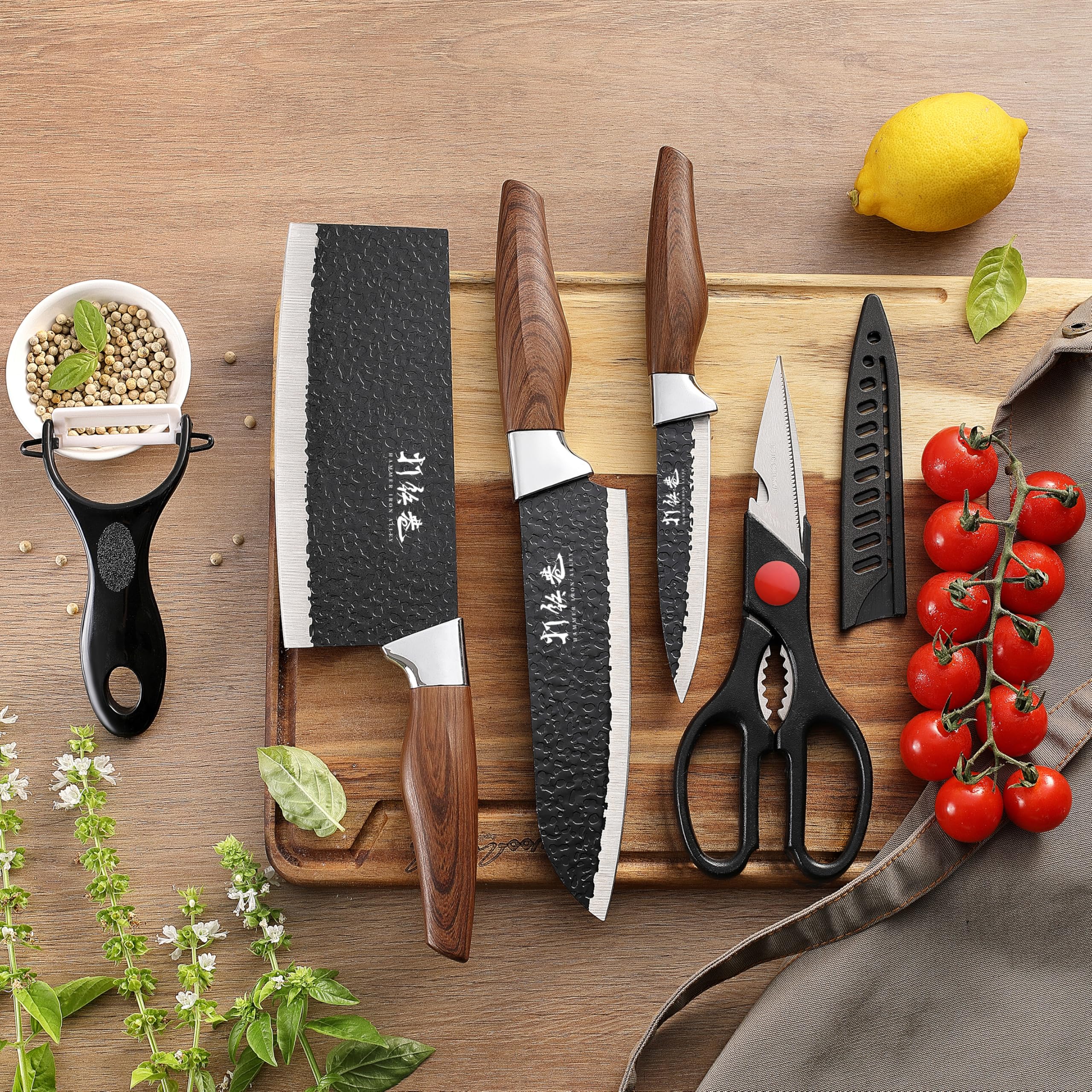 5 PCS kitchen Chef Knife Set, include 7 inch cleaver, 7 inch Santoku, 4.5 inch utility knife, Kitchen Scissors and Peeler — Amazon image 6