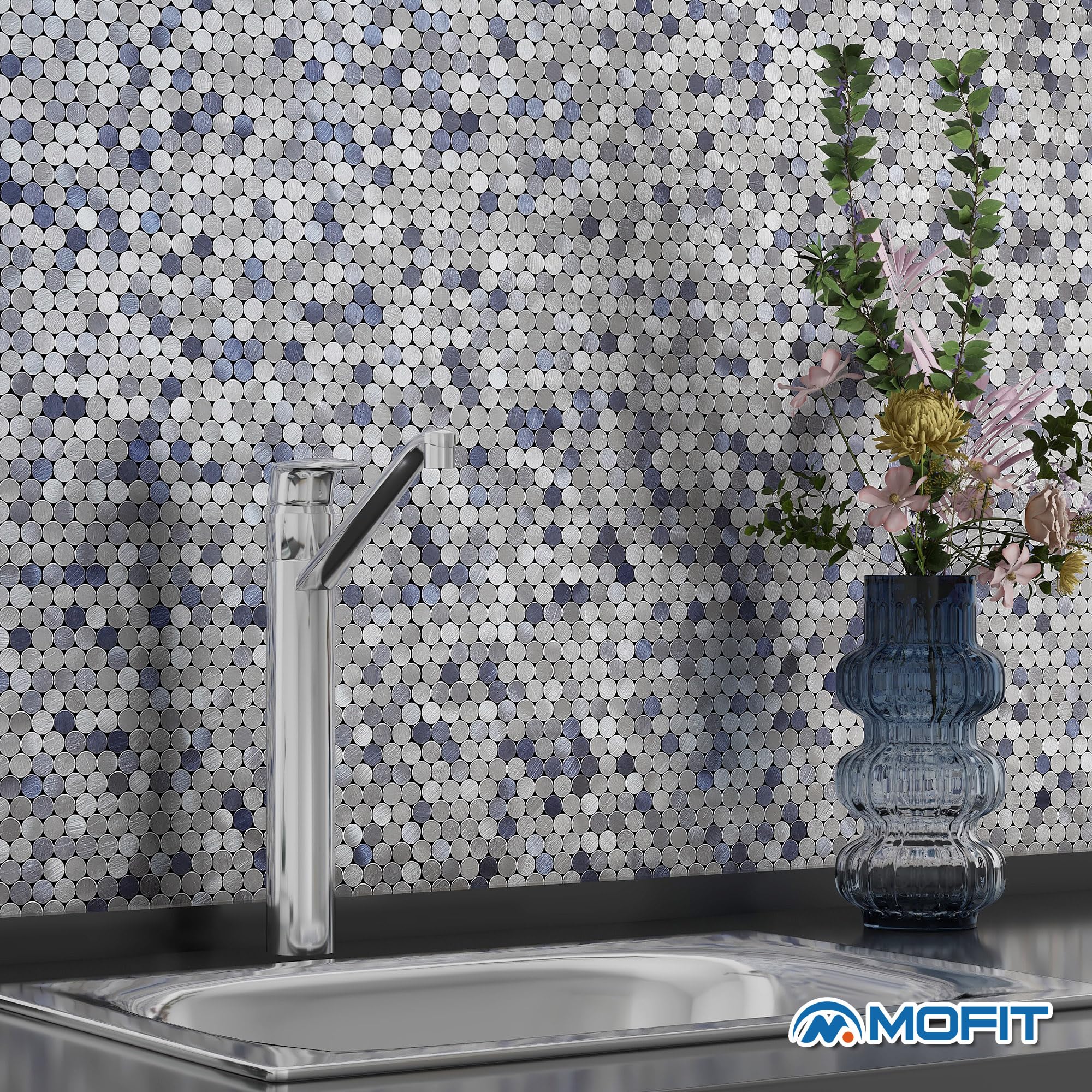 Petits carreaux ronds Penny autocollants pour dosseret de cuisine, autocollants de carreaux en mosaïque métallique pour mur de cuisine, derrière la cuisinière, cheminée (10 feuilles, bleu)