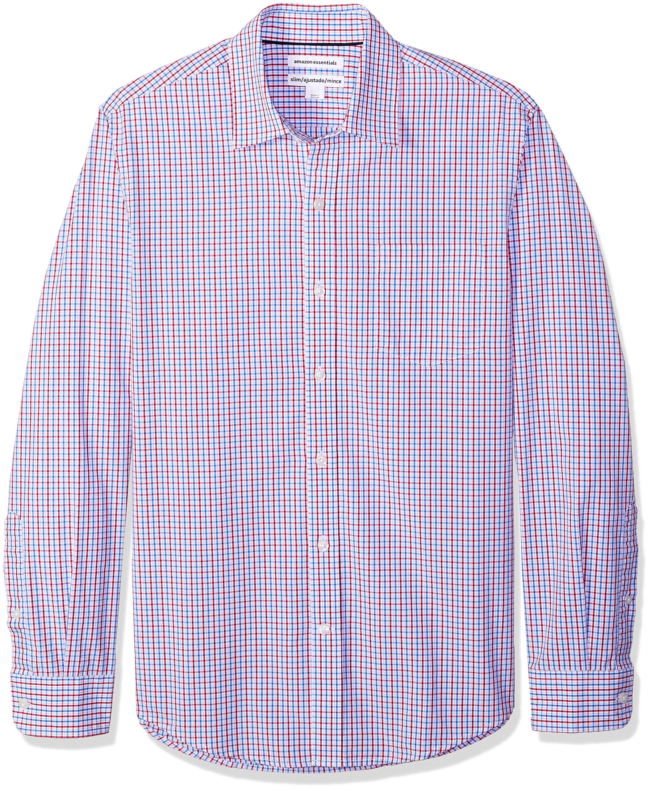 Amazon Essentials Men's Regular-Fit Long-Sleeve Casual Poplin Shirt, Button Front, Business Casual, Collared Slim Fit Blue Red Tattersall Plaid Small