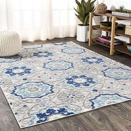 JONATHAN Y AMC101A-8 Mediterranean Medallion Indoor Outdoor Area Rug Bohemian Floral Easy Cleaning High Traffic Bedroom Kitchen Backyard Patio Porch Non Shedding, 8 X 10, Blue/Gray