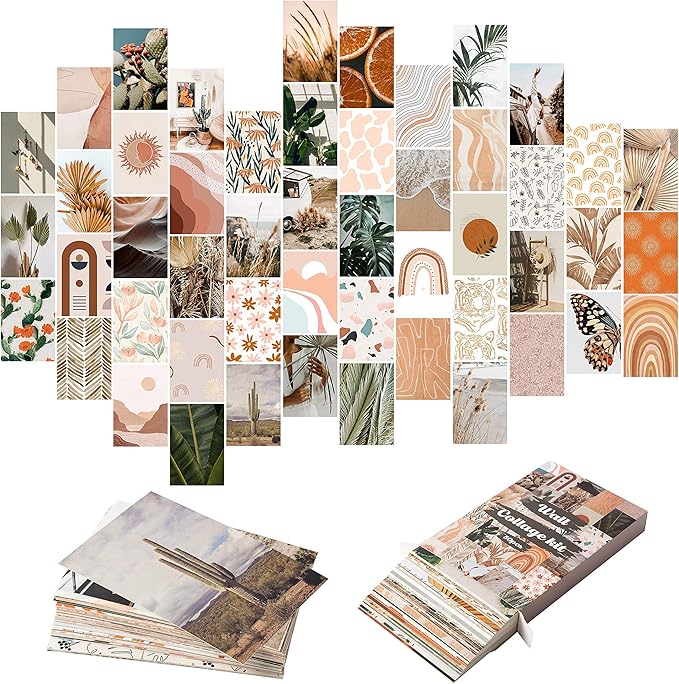 Boho Aesthetic Wall Collage Kit | 50 Peach & Teal Prints