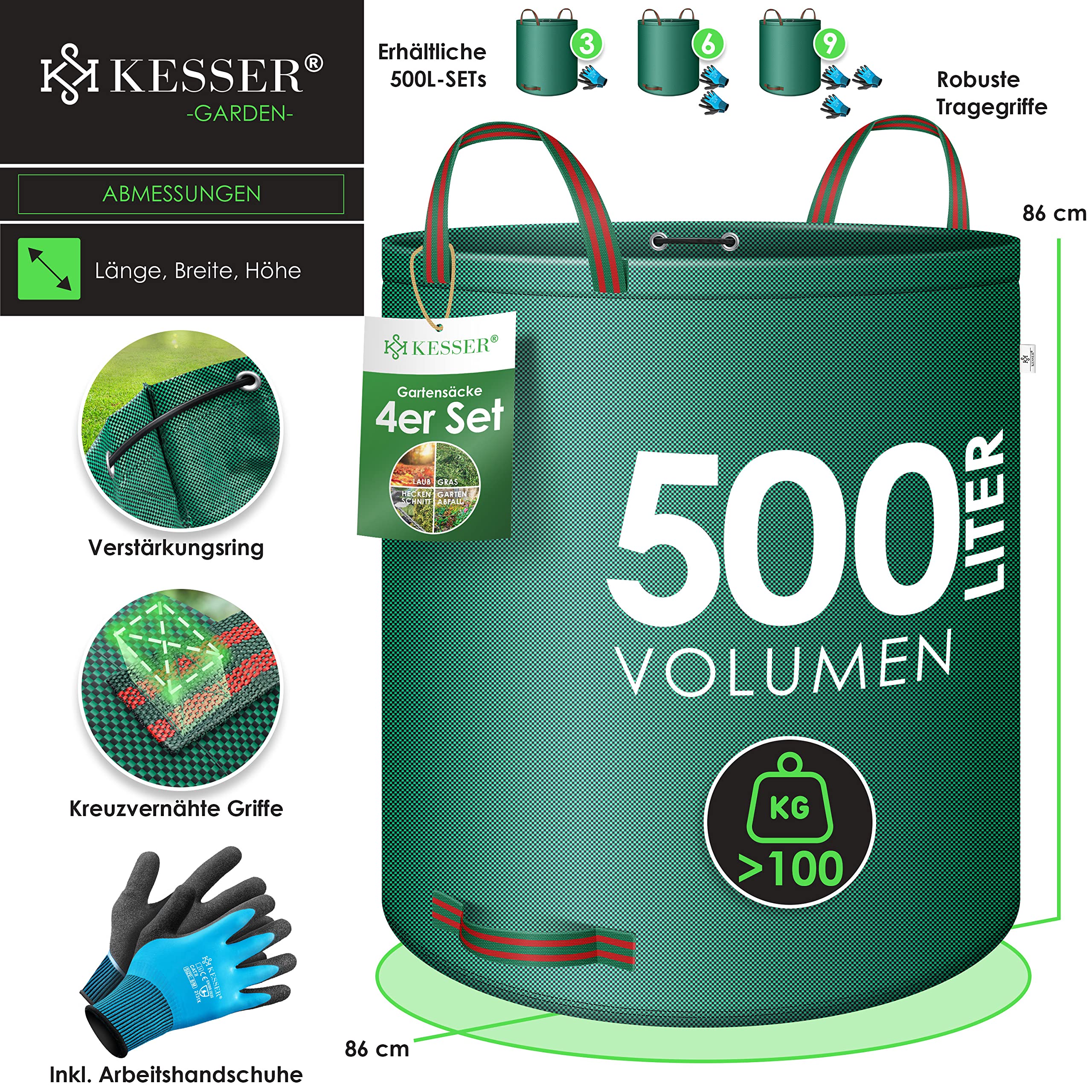 KESSER® Sac de jardin 4x 500L Set sac à feuilles Sac à déchets de jardin incl. gants - Autonome 4 poignées Stable Robuste Pliable Sacs à feuilles Tontes de gazon Sacs jardin pour déchets jardin Vert