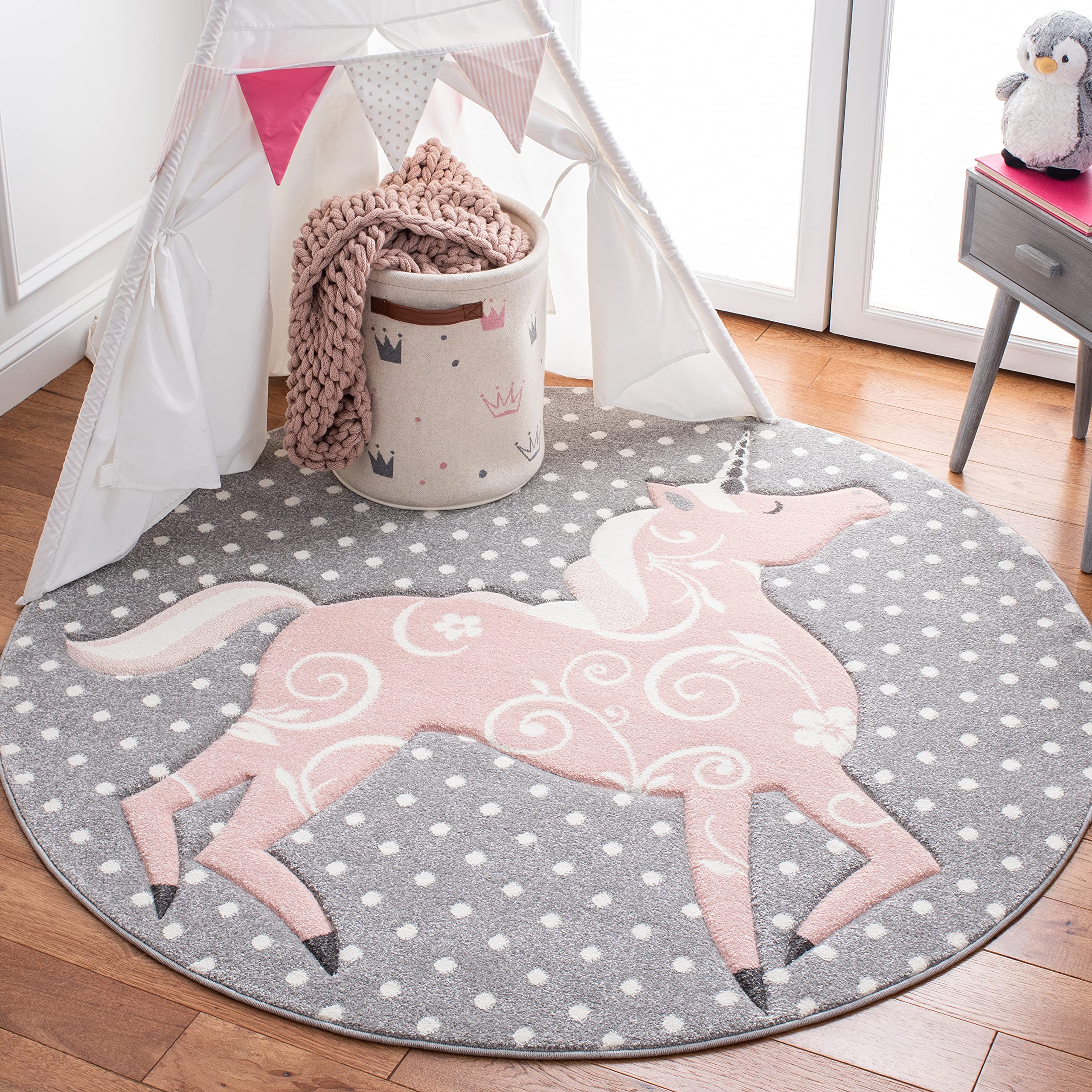 Safavieh Carousel Kids Collection CRK163F Unicorn Non-Shedding Stain Resistant Nursery Playroom Area Rug 5'3 x 5'3 Square Grey/Pink
