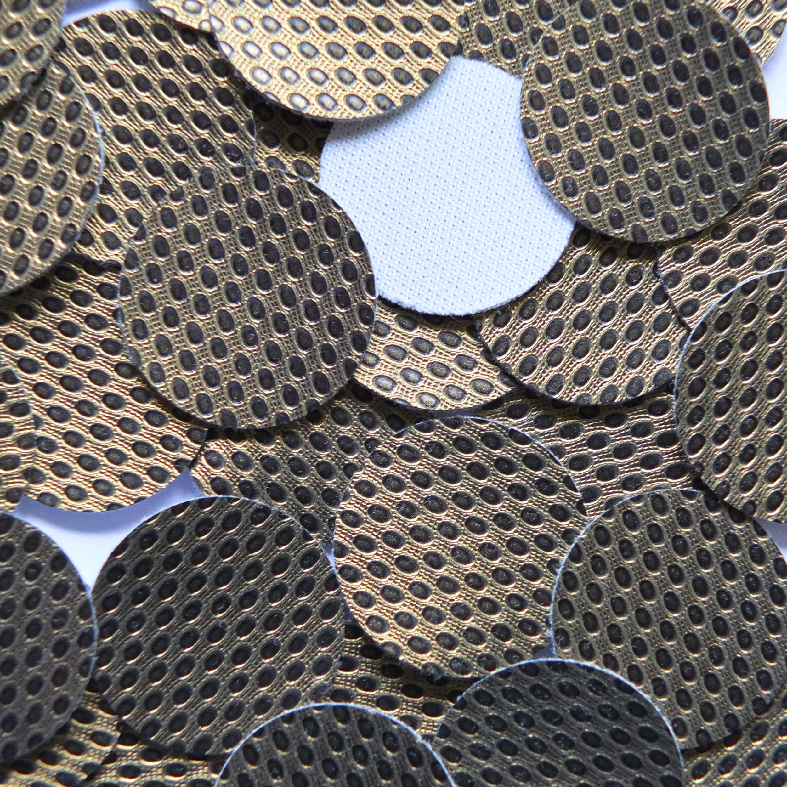 SequinExplosion 24mm Vinyl Disc Antique Gold Metallic Embossed No Hole Round Circle. Embellishment for Stage, Design and Display.