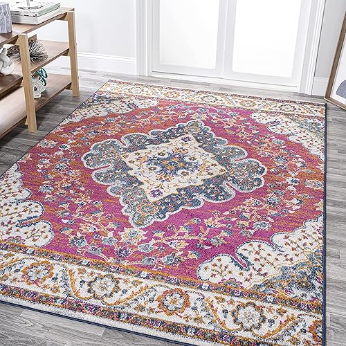 JONATHAN Y BMF106C-8 Bohemian Flair Boho Vintage Medallion Area Rug, Bedroom Kitchen Living Room Indoor Decor, 8 X 10, Fuchsia/White