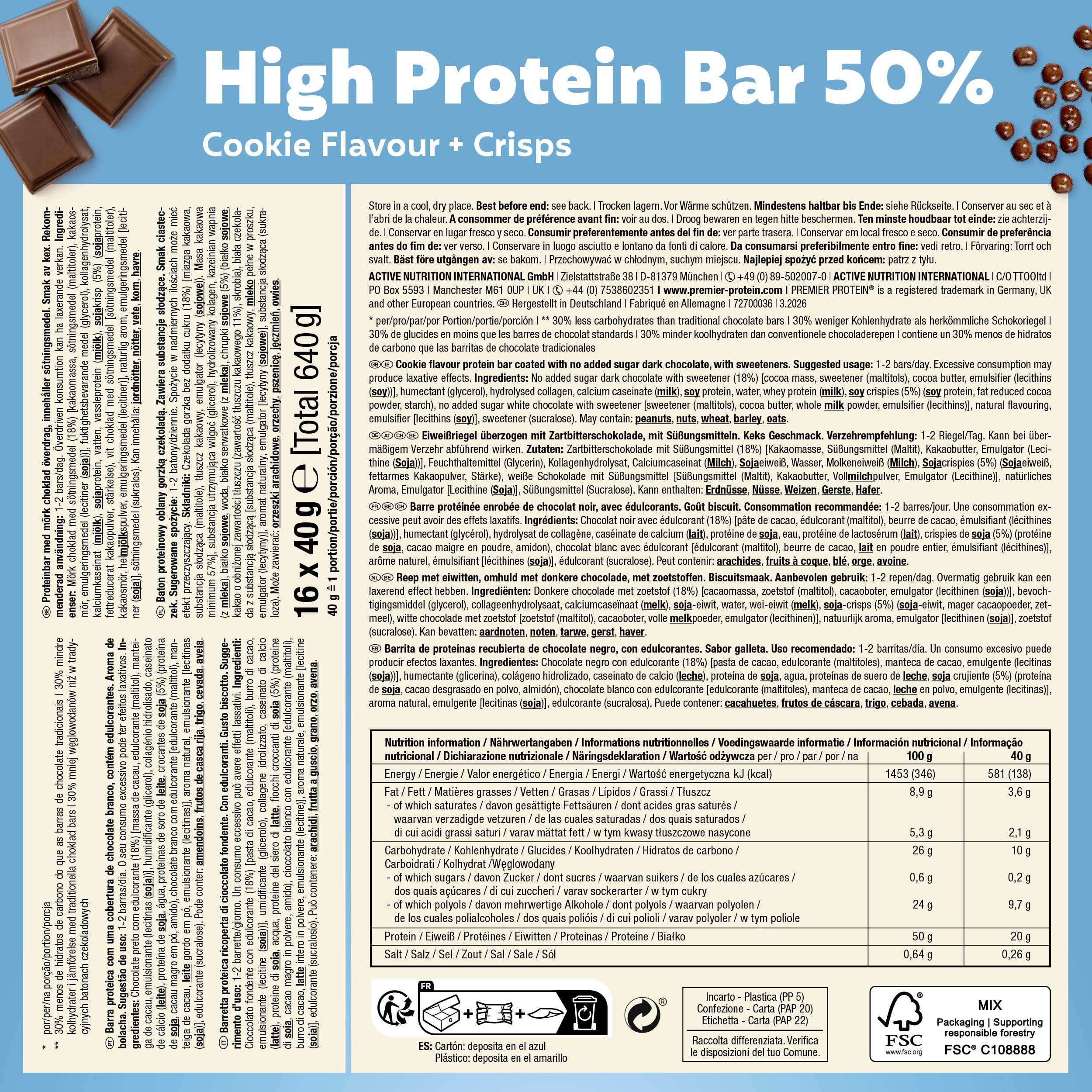 Premier Protein - High Protein Bar 50%+Crispy - Cookie - 16x40g – Ansicht 2