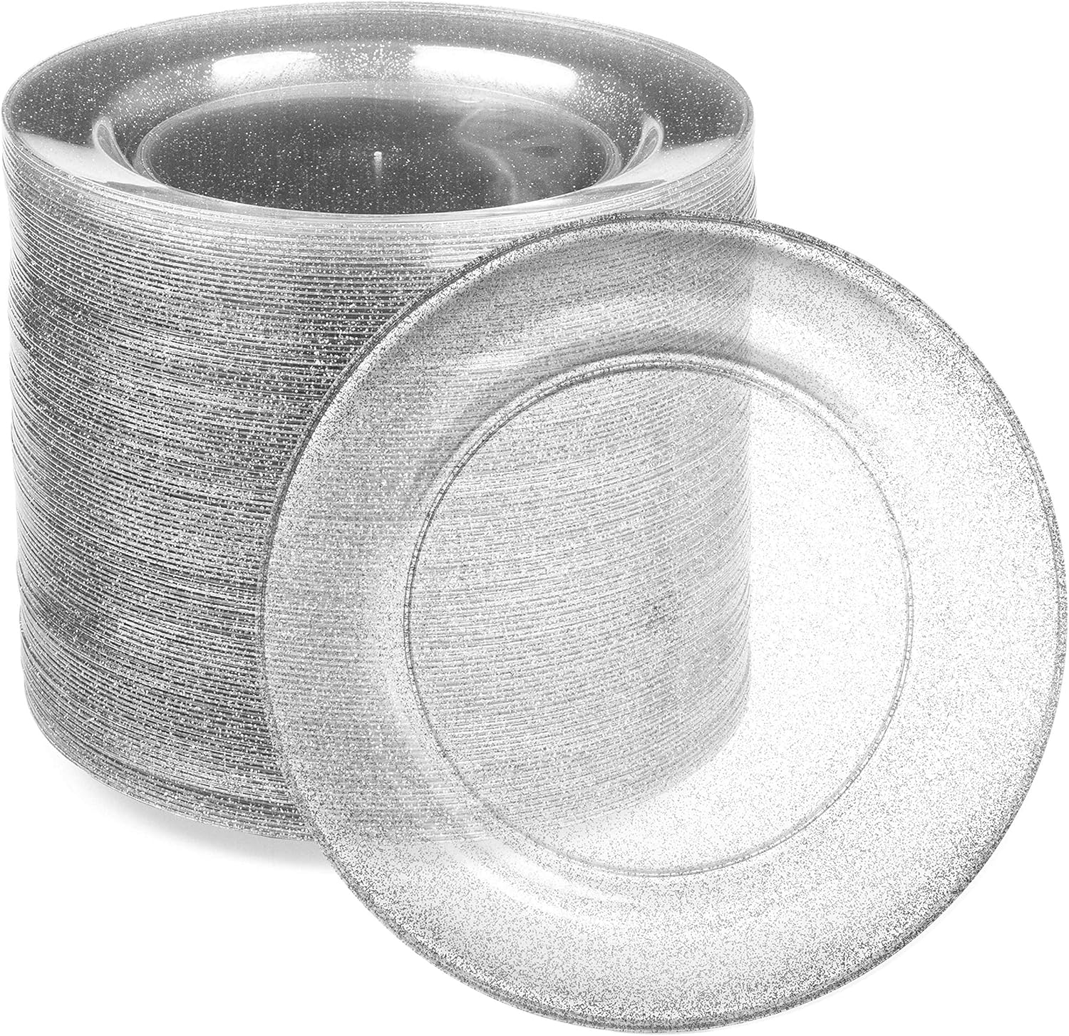 Ilyapa 100 Pack 7 Inch Disposable Dessert Plates, Plastic Clear Party Plate Sets for 100 Guests, Clear Appetizer and Cake Plates 7", Party & Dinner Accessories, Silver Glitter