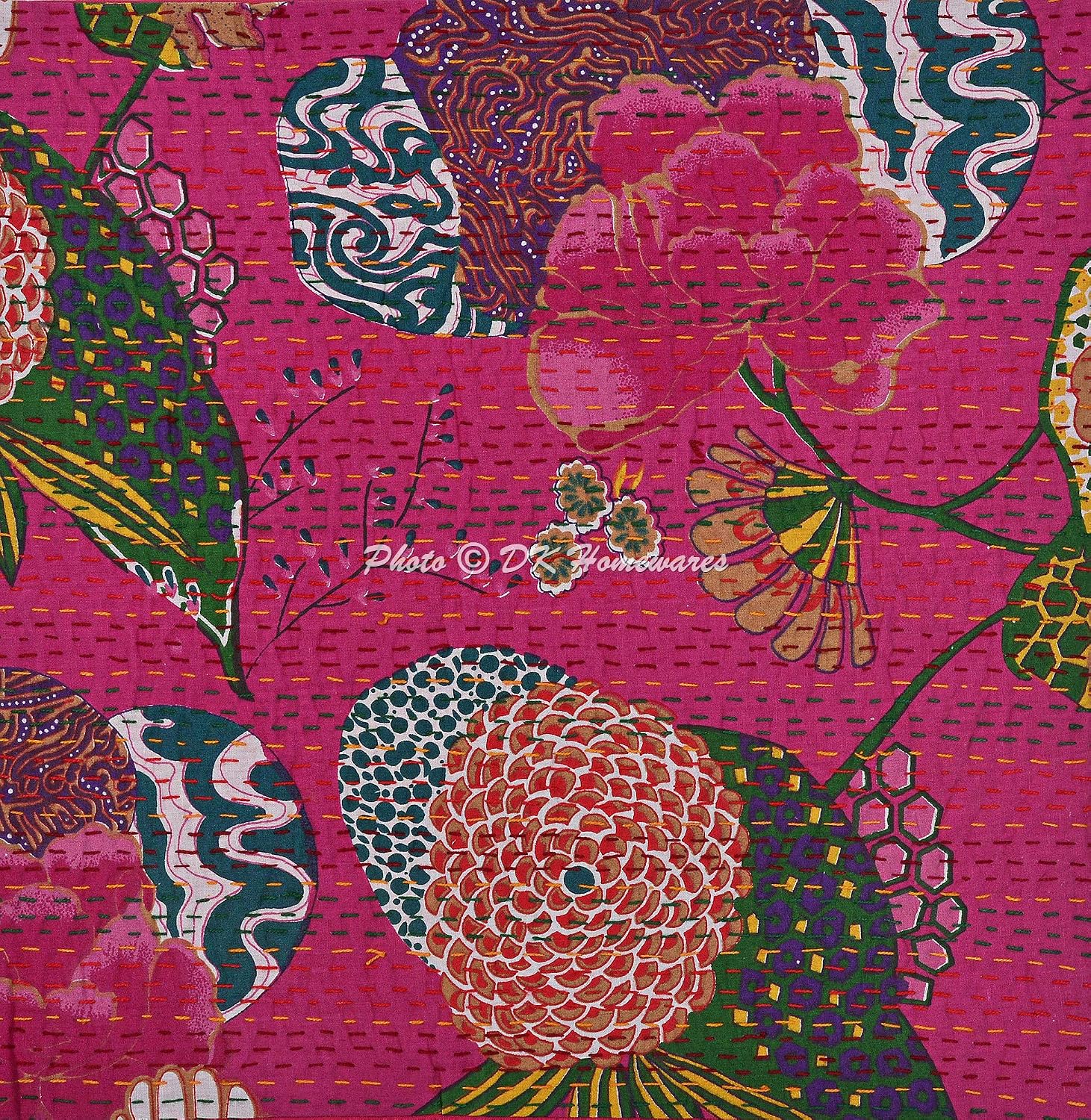 Ethnic Decorative Toss Throw Pillow Covers 16 Inch Cotton Kantha Tropicana Boho Square Accent Cushion Covers (Size - 40x40 cm ; Color: Dark Pink) - Set of 4 Pcs (Cover Only)