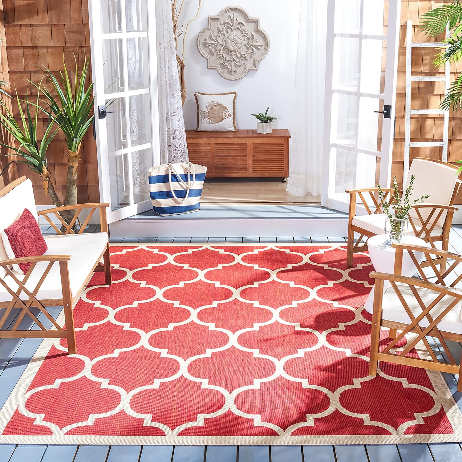 SAFAVIEH Courtyard Collection 8' x 10' Red/Bone CY6914 Trellis Indoor/ Outdoor Waterproof Easy Cleaning Patio Backyard Mudroom Area Rug