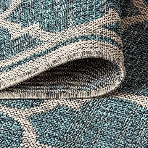 Miniatura 8 de Alfombra tejida con textura y patrón enrejado en S marroquí en forma de trébol JONATHAN Y, para interioresexteriores, turquesagris, 5 x 8 pies