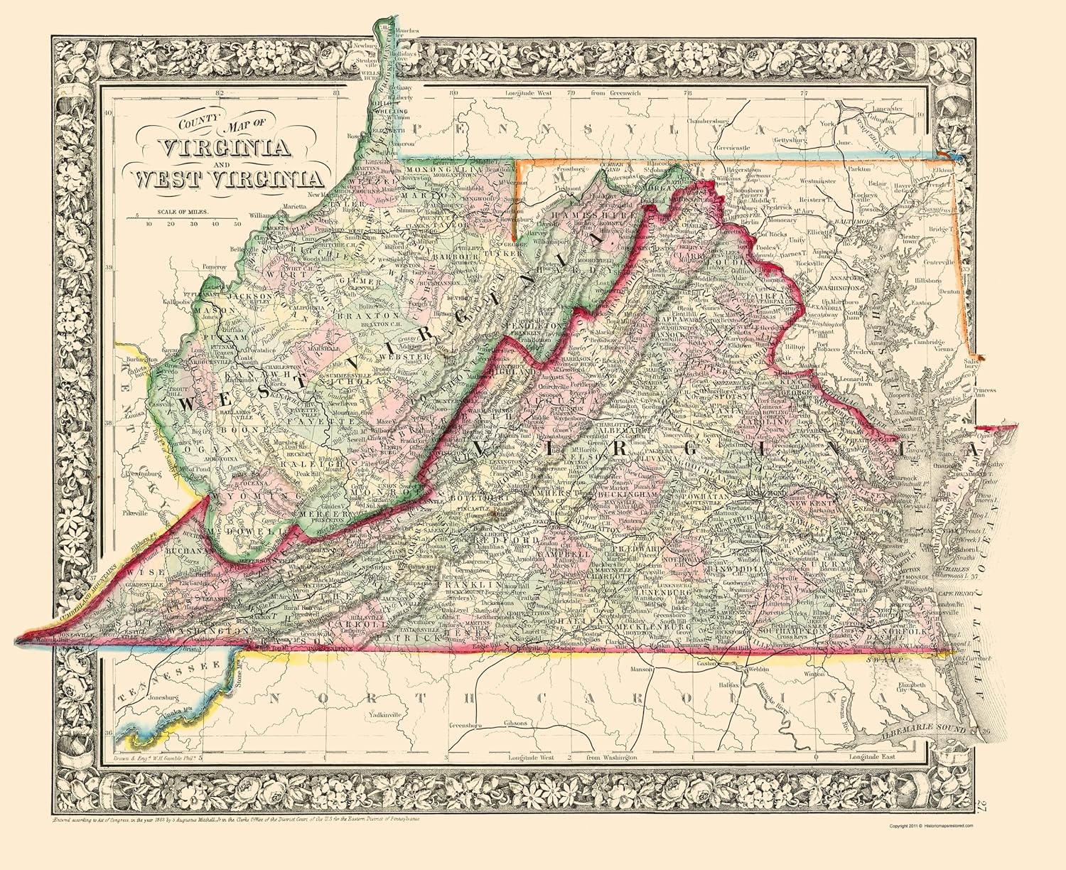 Map Of Wv And Va Amazon.com: Maps Of The Past Virginia West Virginia Counties - Mitchell  1863 - 23.00 X 28.17 - Glossy Satin Paper: Posters & Prints