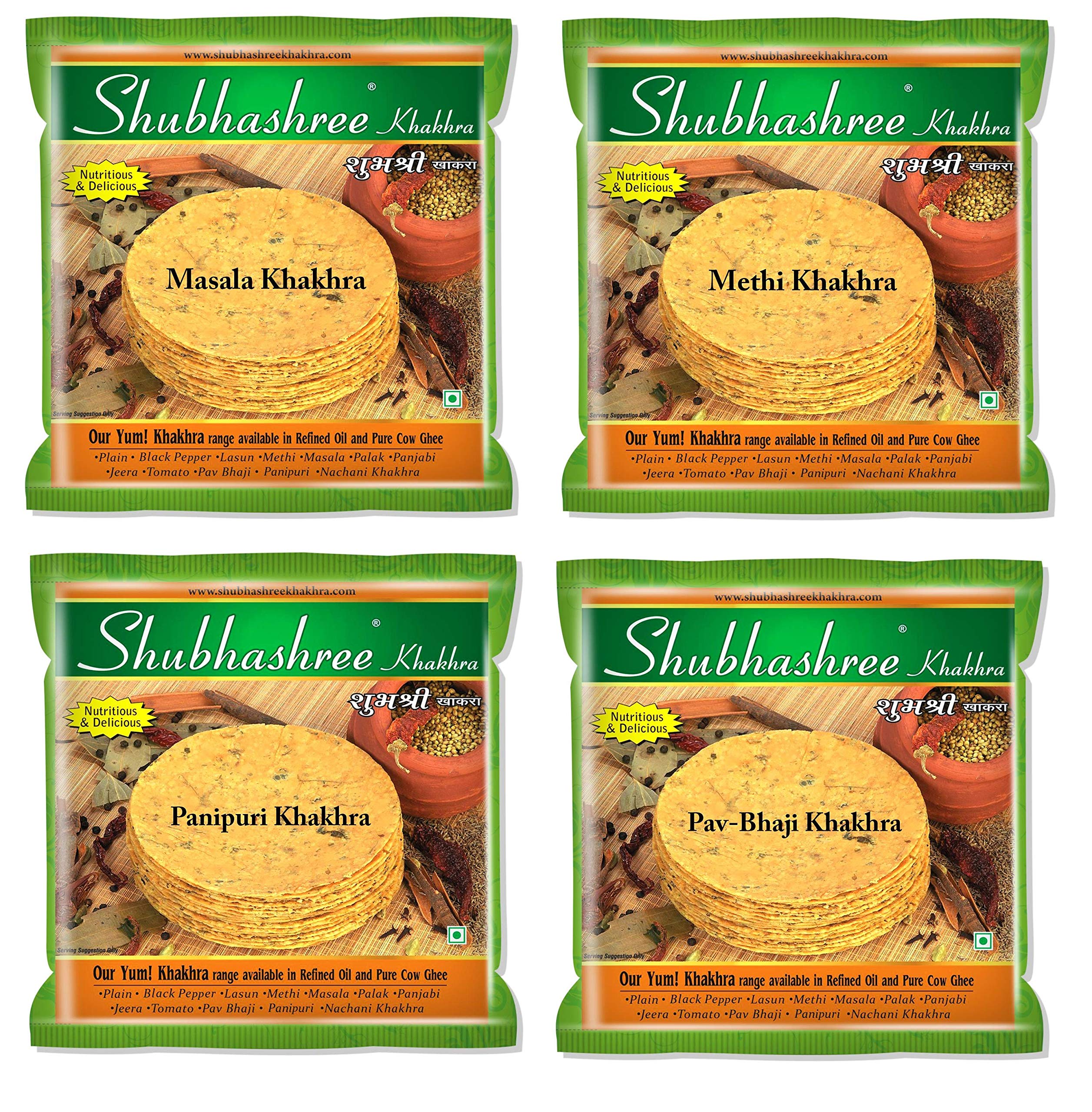 Shubhashree Khakhra Roasted Whole Wheat Healthy Snacks Combo (Masala Methi Pavbhaji Panipuri) - 180g x 4 Pkts