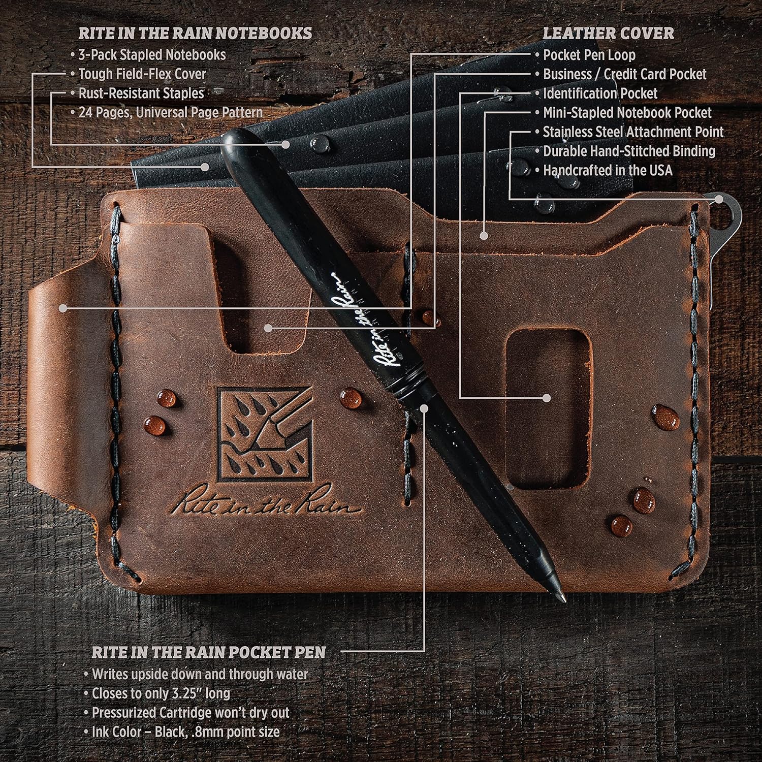 Rite in the Rain The SHERPA Genuine Leather Notebook Wallet Kit, 6.875" x 3.75". Includes an EDC Pocket Pen and a 3 Pack of Stapled Notebooks (No. H771-KIT)