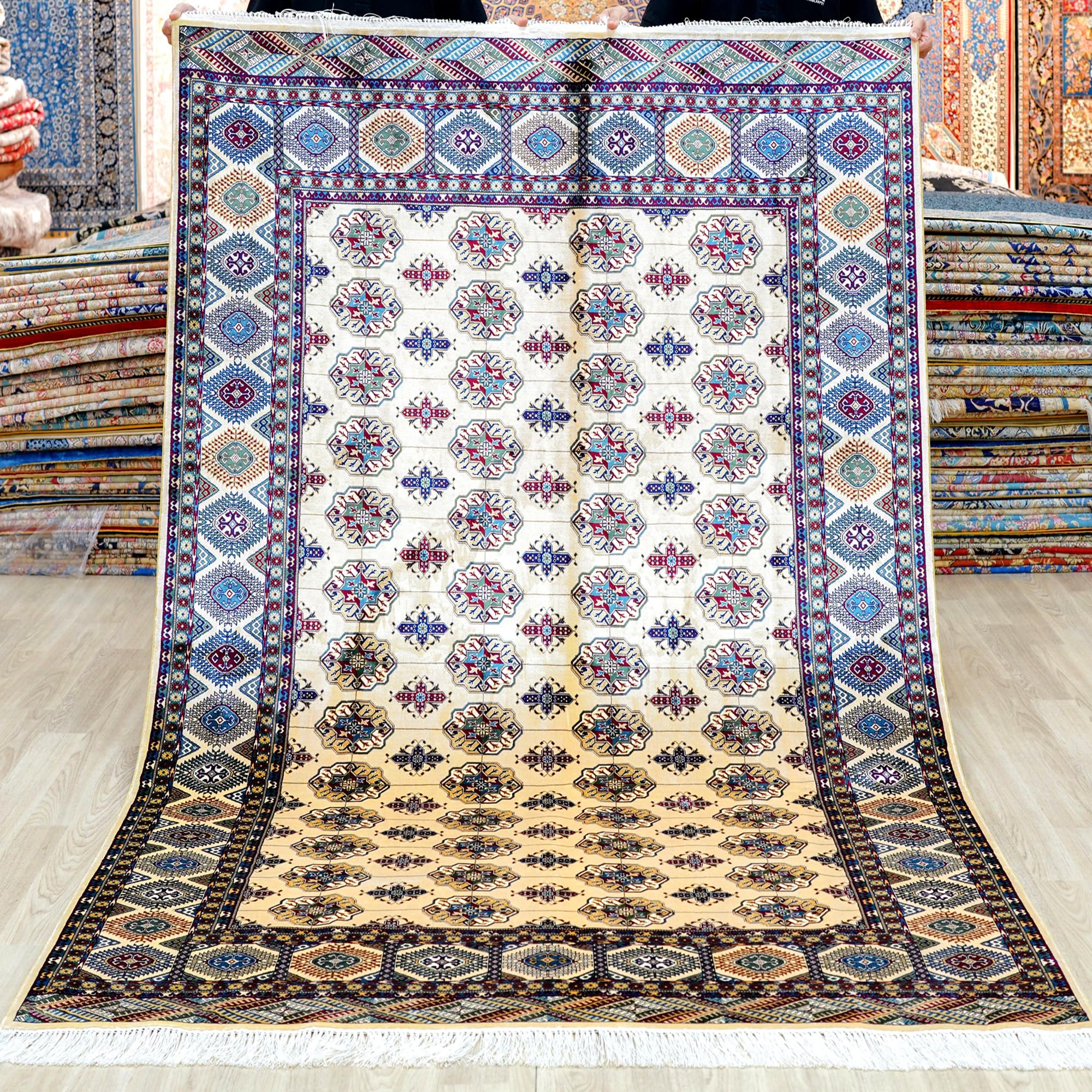 Yuchen Carpet Silk Rug 5x7 Beige Hand Knotted Vintage Tribal Luxury Oriental Silk Area Rug for Living Room