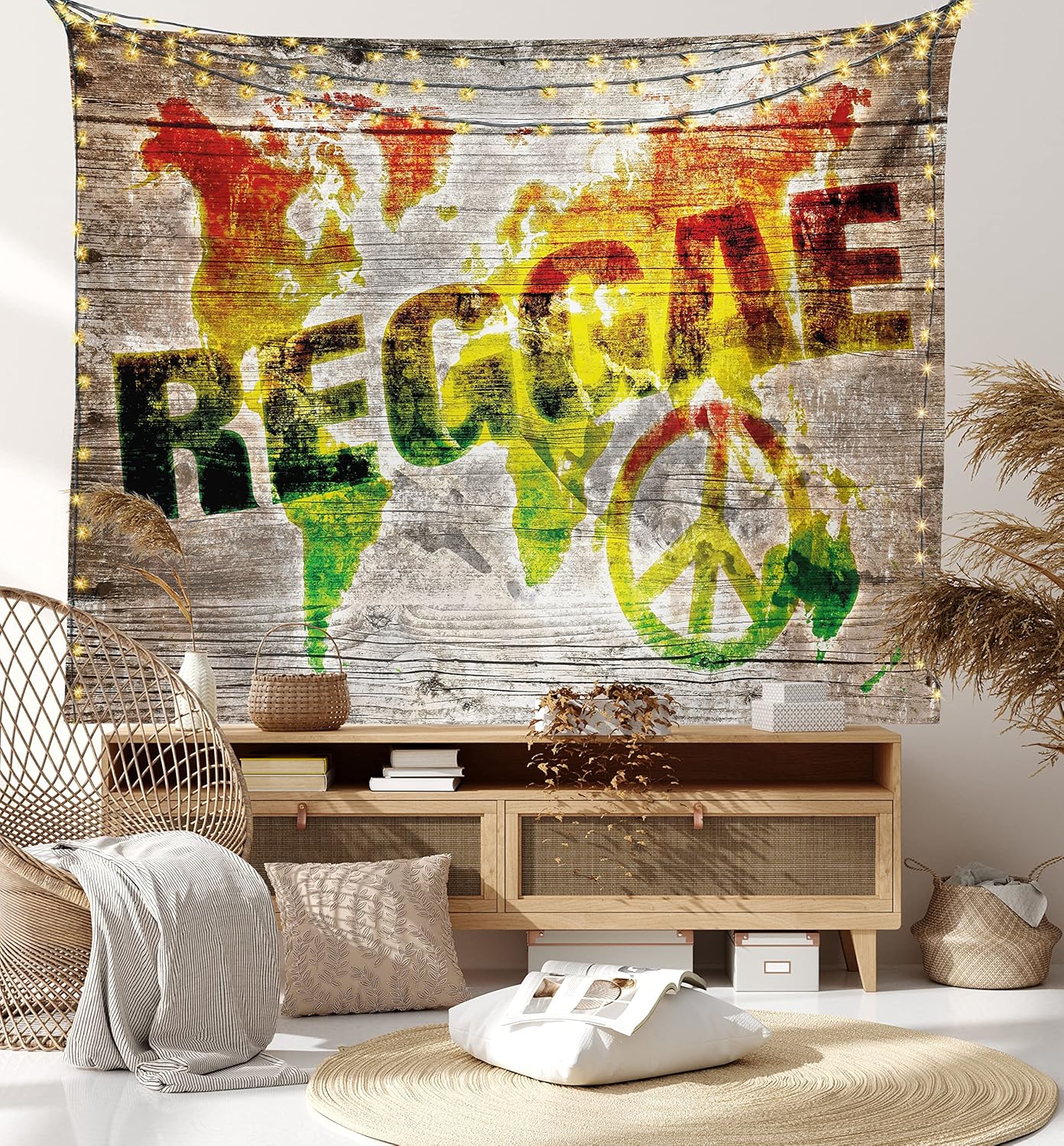 Ambesonne Rasta Tapestry, World Map on Plaques Reggae Lettering and Peace, Wide Wall Hanging for Bedroom Living Room Dorm, 80" X 60", Pale Brown Orange