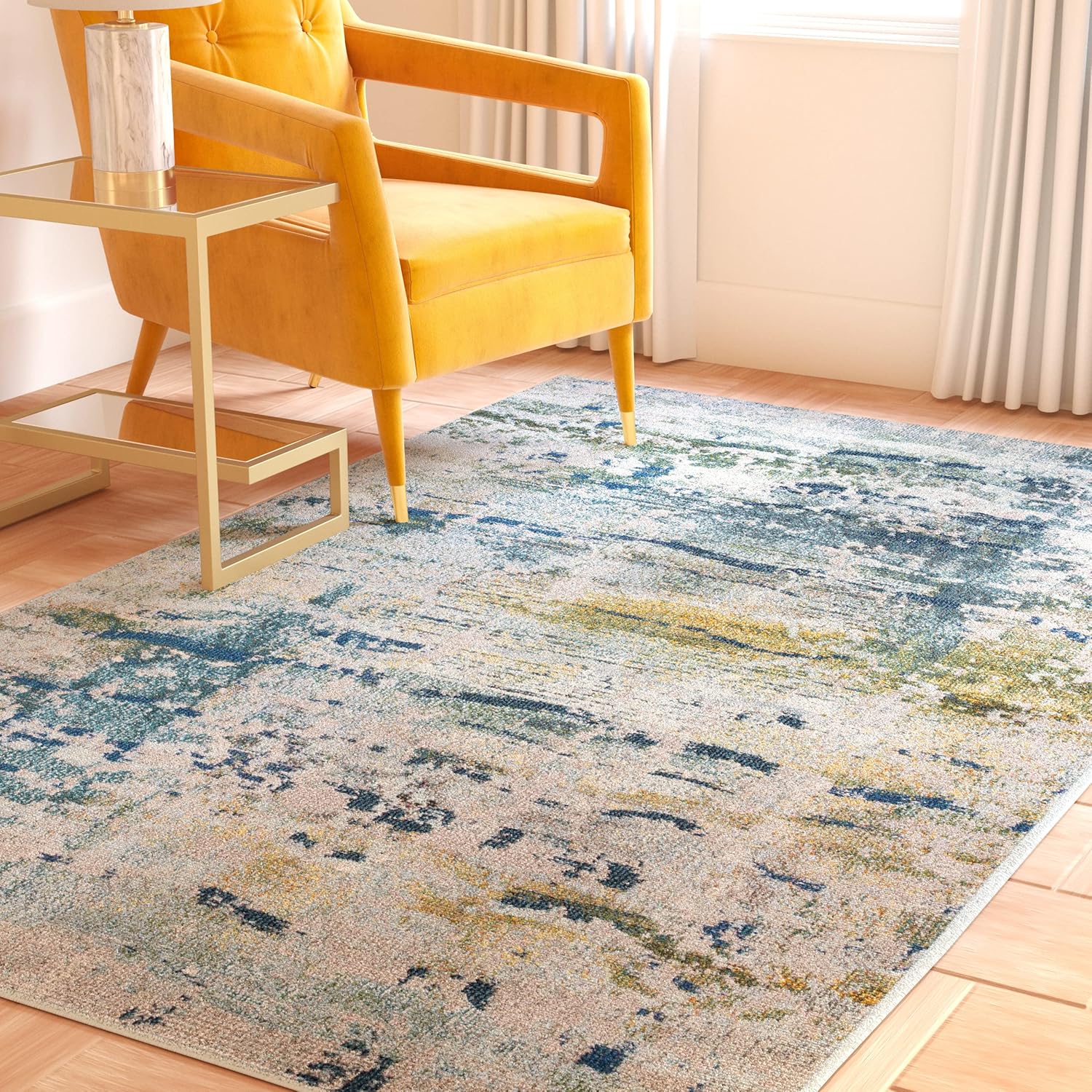 SAFAVIEH Monaco Collection Area Rug - 5'1" x 7'7", Blue & Grey, Modern Boho Abstract Design, Non-Shedding & Easy Care, Ideal for High Traffic Areas in Living Room, Bedroom (MNC259M)
