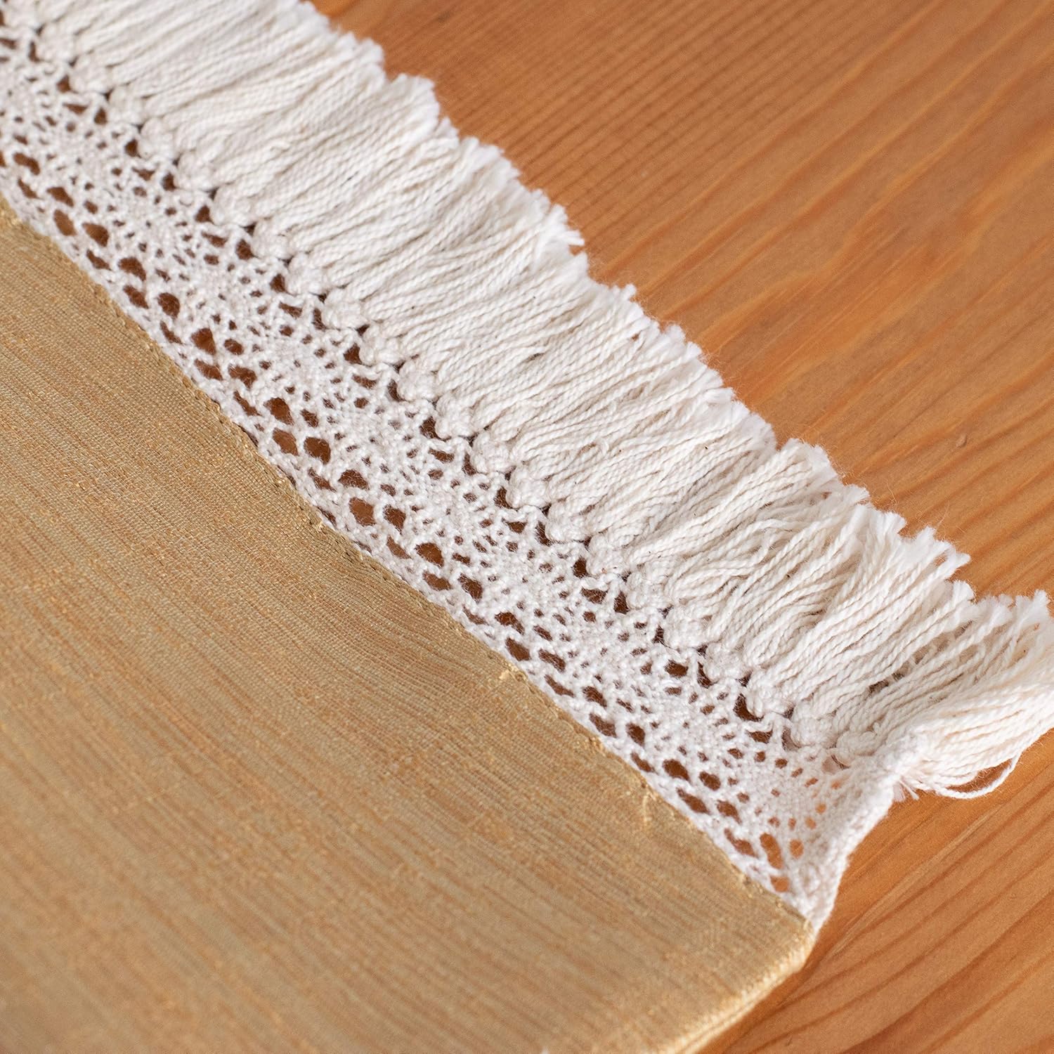 Gold Coffee Table Runners With Macrame Lace Boho Decor (13x64 inch, Pack of 1) Fabric Lined | Properly Finished, No Fray Edges | for Home, Kitchen, Dining Room, Holiday, Wedding Party