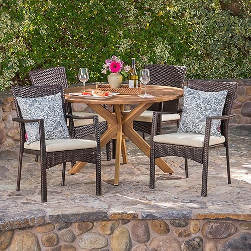 Christopher Knight Home Stamford - Juego de comedor de mimbre para exteriores con mesa circular de madera de acacia y cojines resistentes al agua,