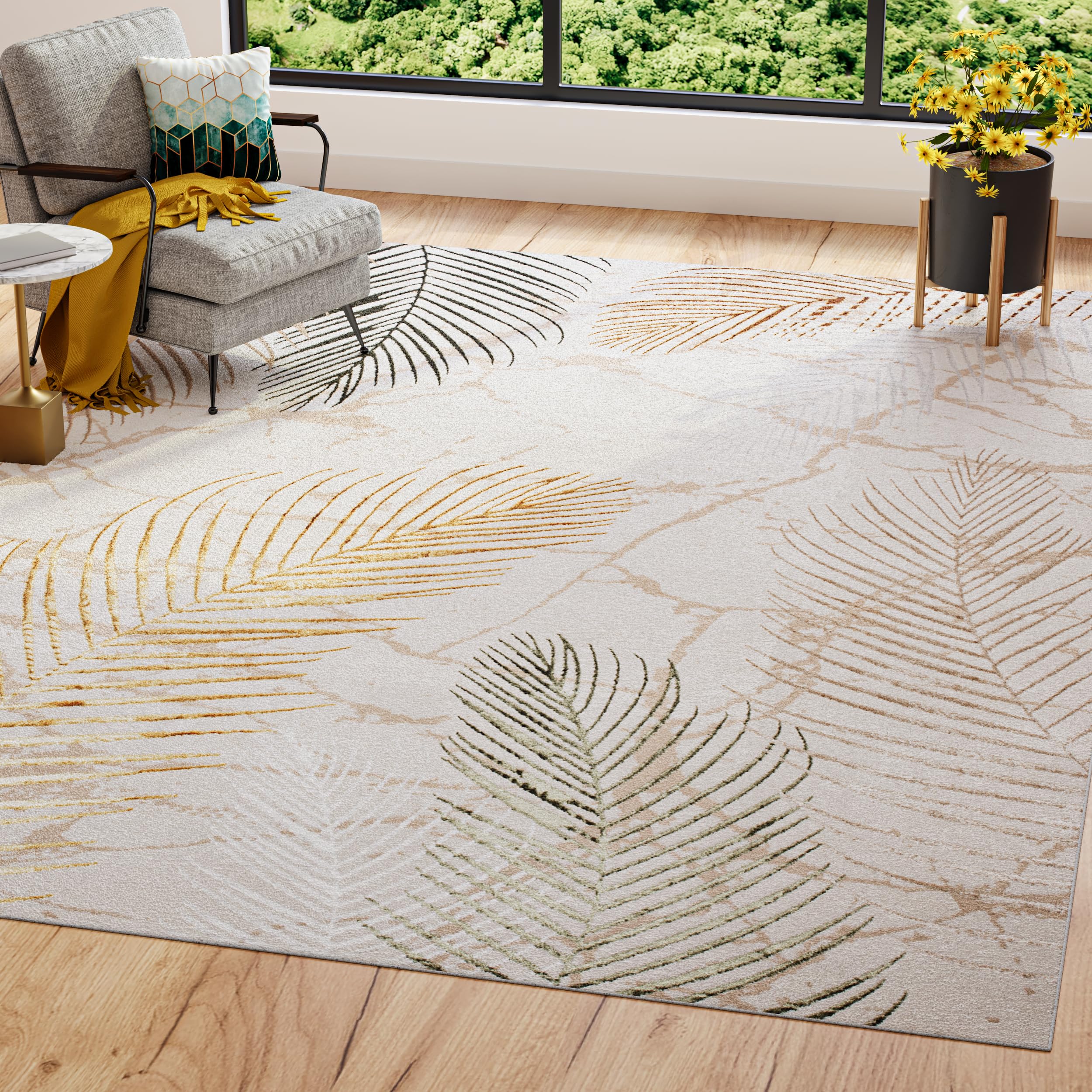TAPISO Golden Tappeto Moderno Soggiorno Motivo Floreale Fiori Foglie Palma tonalità Panna Oro Verde Salotto Camera Sala Cameretta Ragazzi Ufficio Oeko-Tex 200 x 250 cm