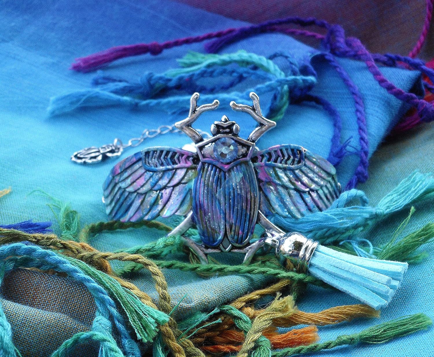 Large Adjustable Silver Plated Scarab Beetle Cuff Bracelet with Colorful Painted Design and Dangling Turquoise Tassel Boho Jewelry for Women