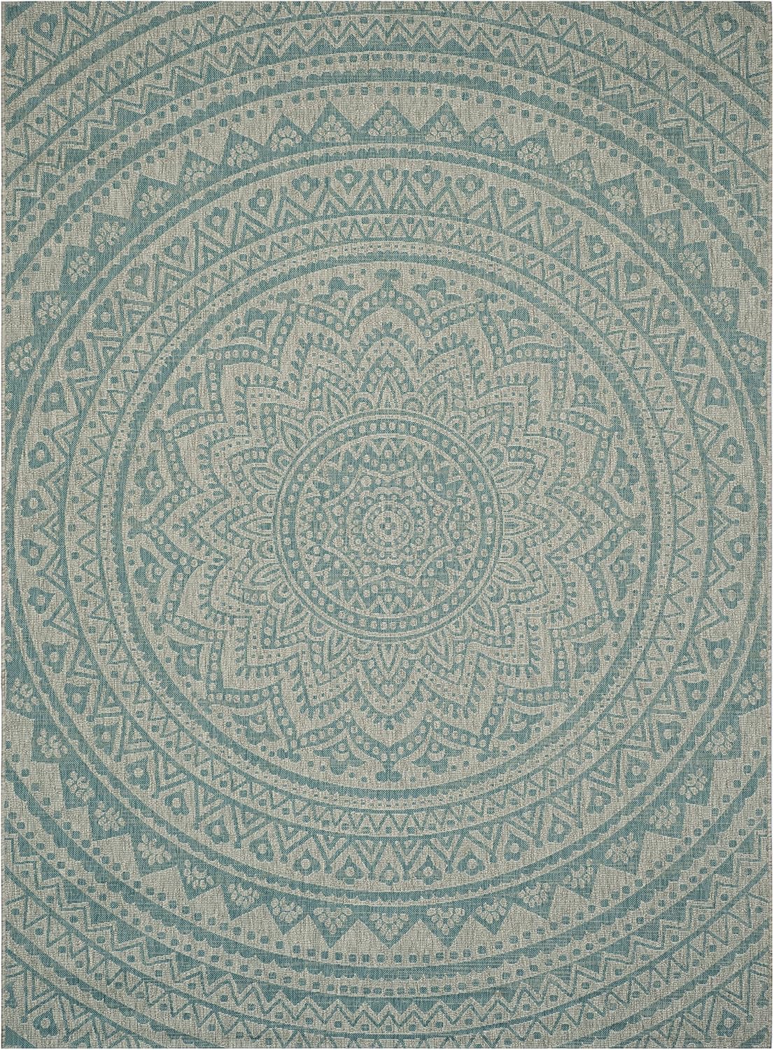 SAFAVIEH Courtyard Collection 6'7" x 9'6" Light Grey / Aqua CY8734 Indoor/ Outdoor Waterproof Easy Cleaning Patio Backyard Mudroom Area Rug