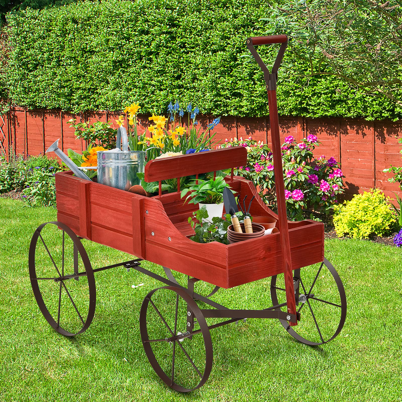 SOARS Soporte para flores, carrito de flores con 4 ruedas de metal, soporte para plantas de madera maciza, jardinera decorativa, carrito de madera, carrito para jardín y balcón (rojo)