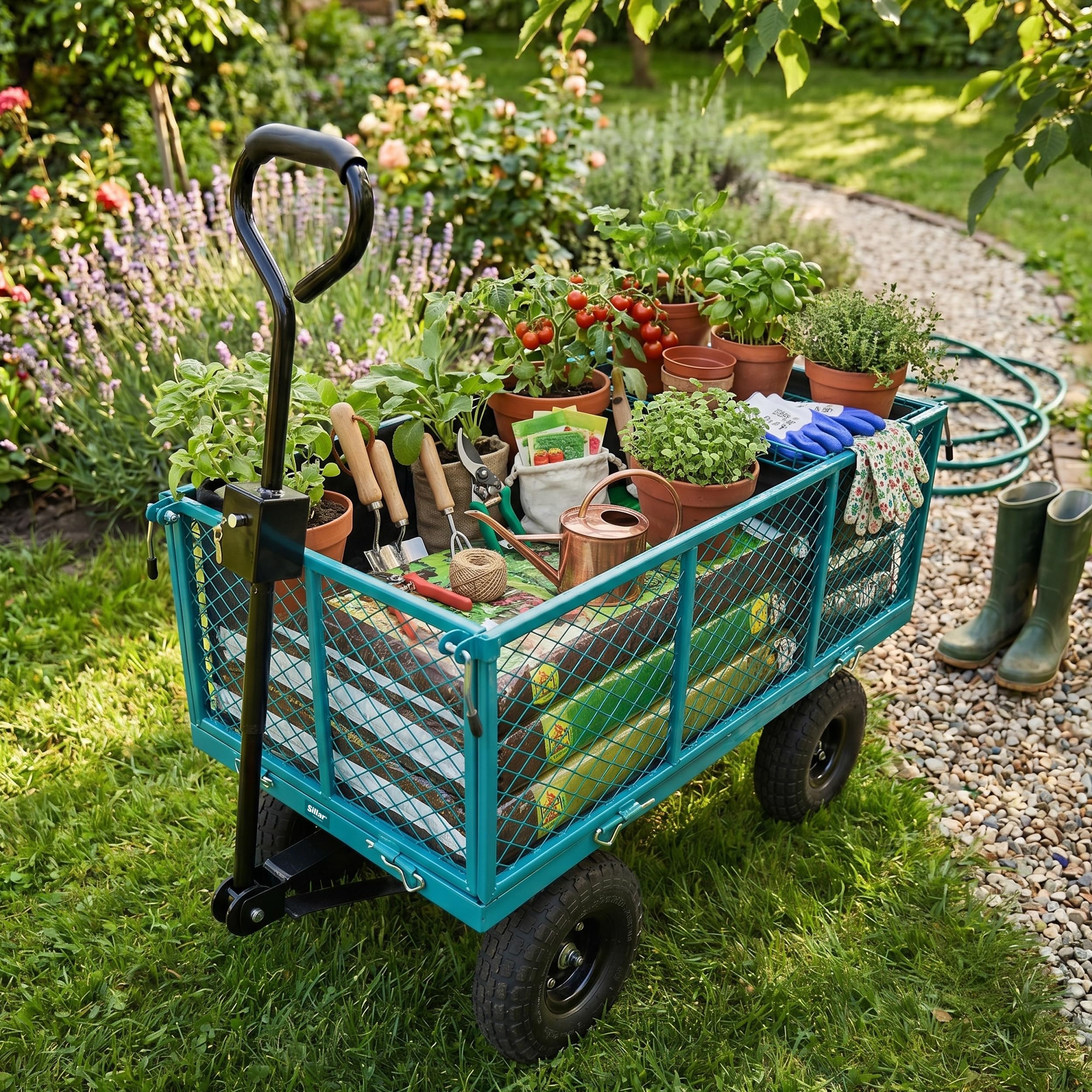 Sillar Tectake Carrello Spiaggia Giardino 4 Ruote – Carrello Pieghevole Portatutto 350 kg in Rete d’Acciaio, Paratie Apribili, Wagon Campeggio Portalegna