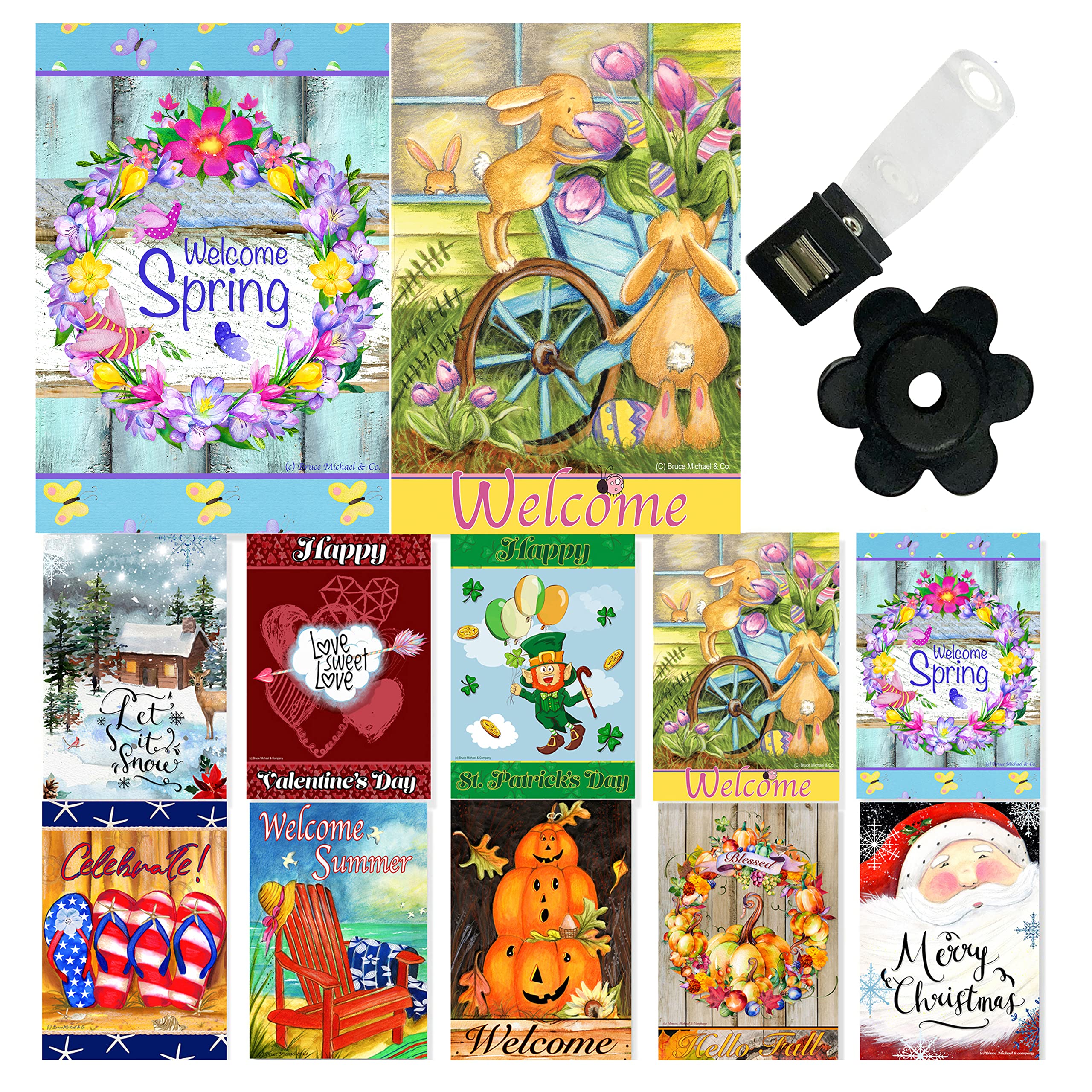 Seasonal Garden Flags Set of 10 Double Sided 12x18 inch Yard Flag with Anti-Wind Clip and Stopper, Outdoor Decorative Holiday Small Fall Halloween Banners for Outside