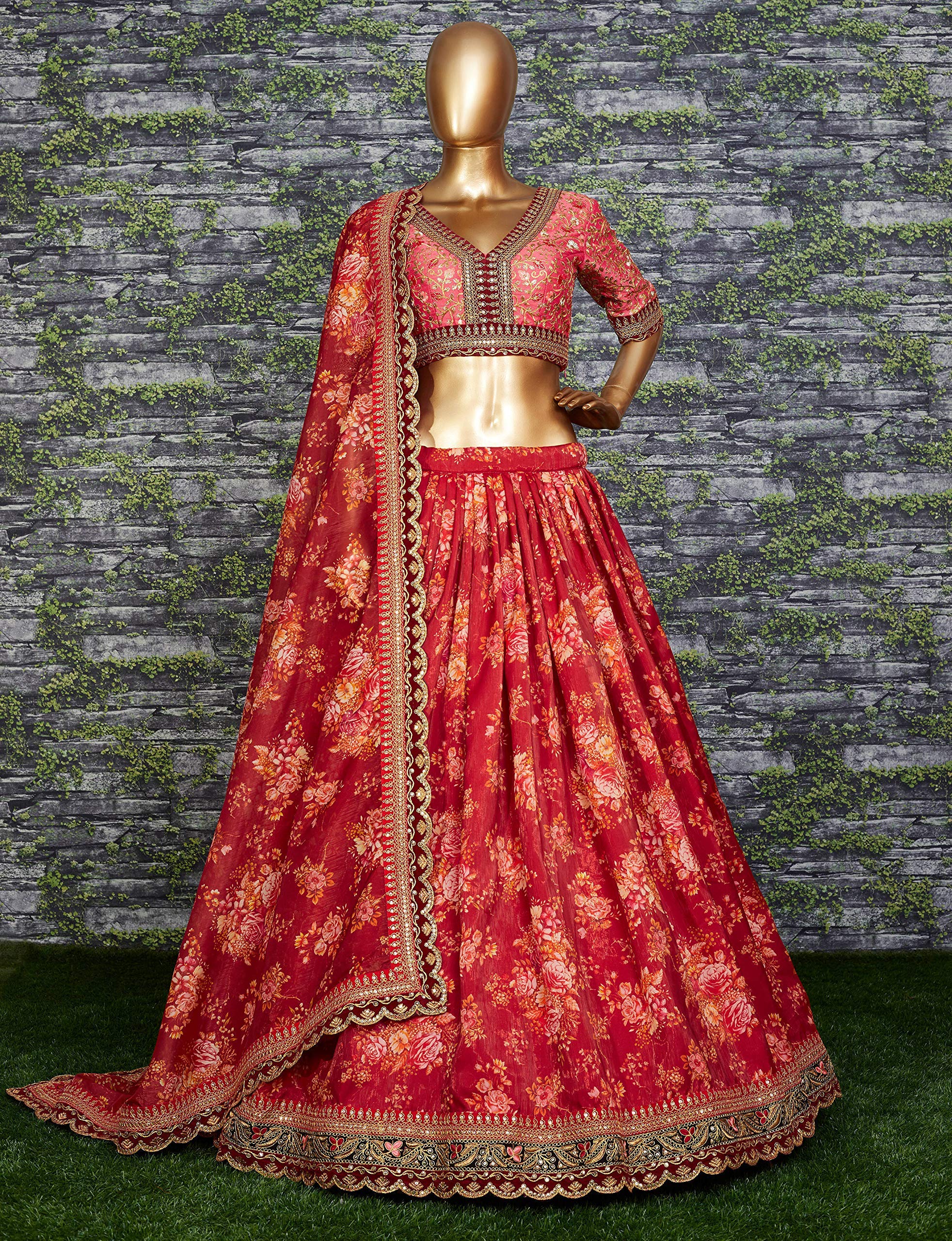 Zeel Clothing Maroon Floral Organza Semi-Stitched Lehenga Choli for Women (7064-Wedding-New-Bridal-Heavy-Lehenga_Free Size; Maroon) 3