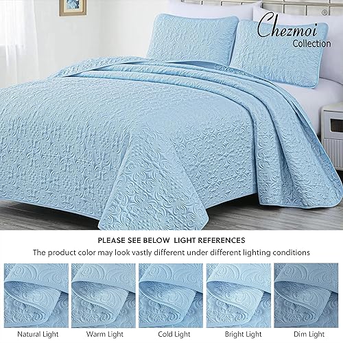 Miniatura 5 de Chezmoi Collection Luca - Juego de colcha extragrande de 3 piezas, tamaño King, color azul cambray, colcha de verano de microfibra ligera de 118 x