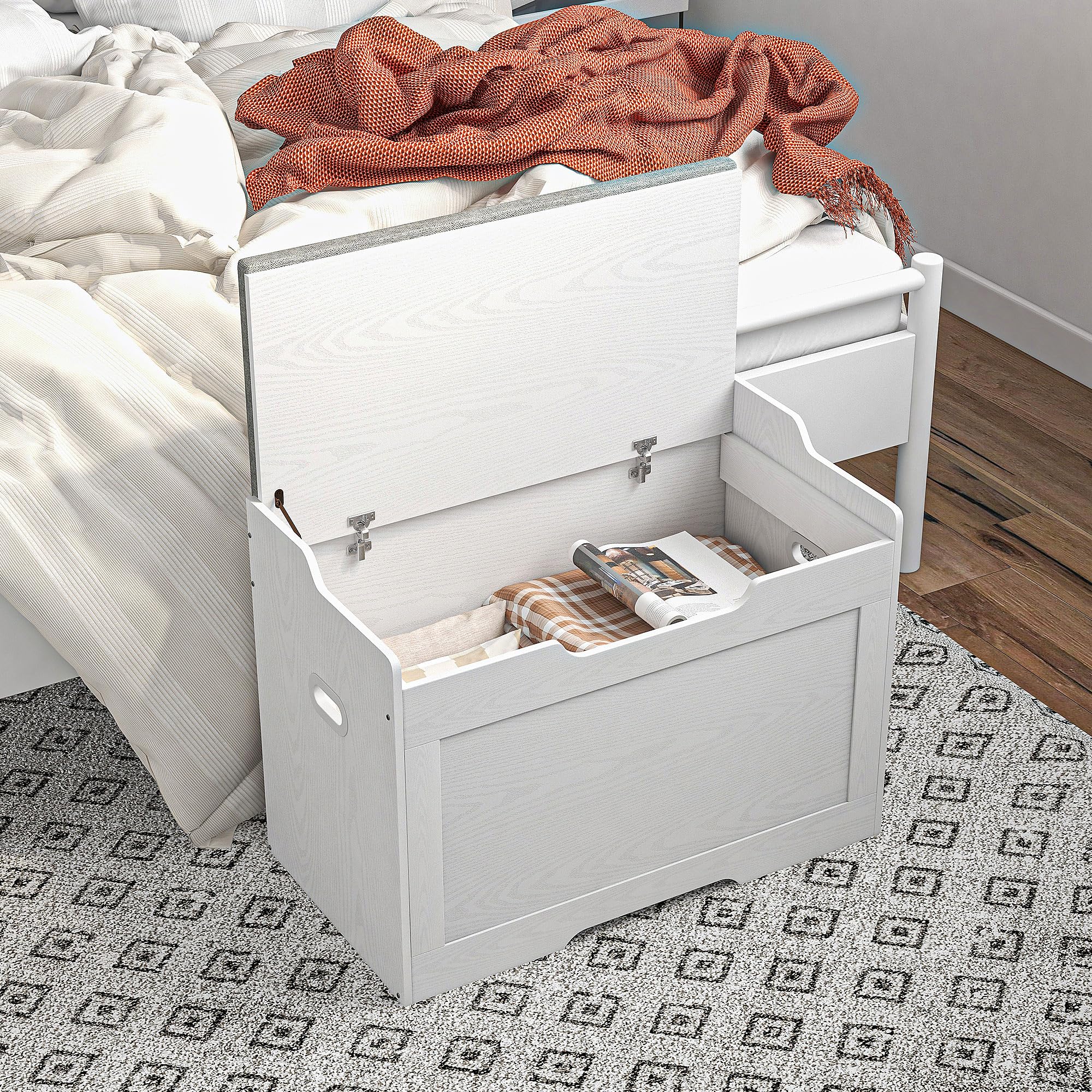HOMCOM Baúl de 103 litros con tapa, asiento, baúl con espacio de almacenamiento, cojín de asiento extraíble, para salón, dormitorio, blanco