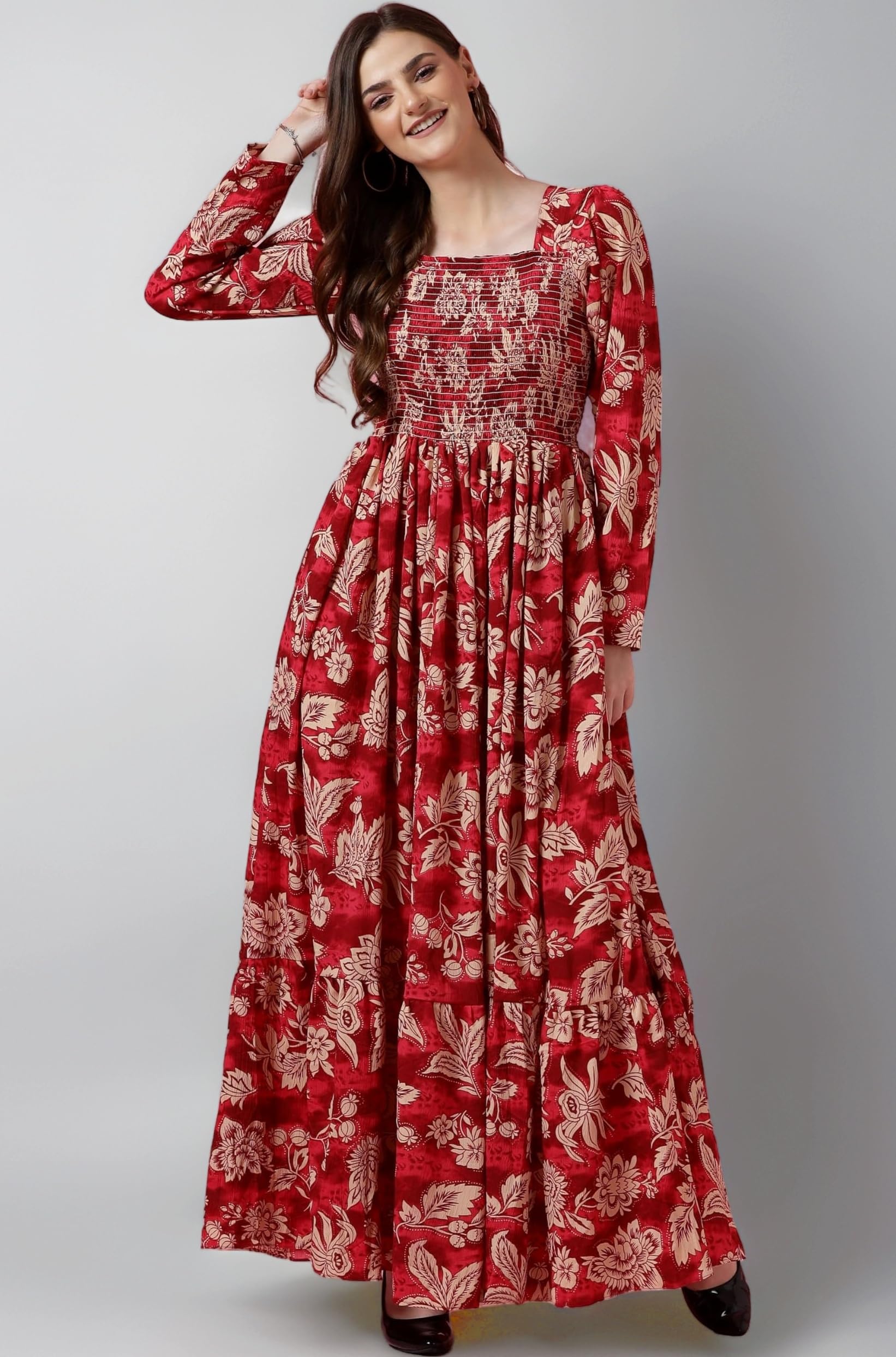 Crepe Women's Mix Floral Printed Grown with Regular Sleeves Full Lenth and Square Neck | Beach Tipe Dress