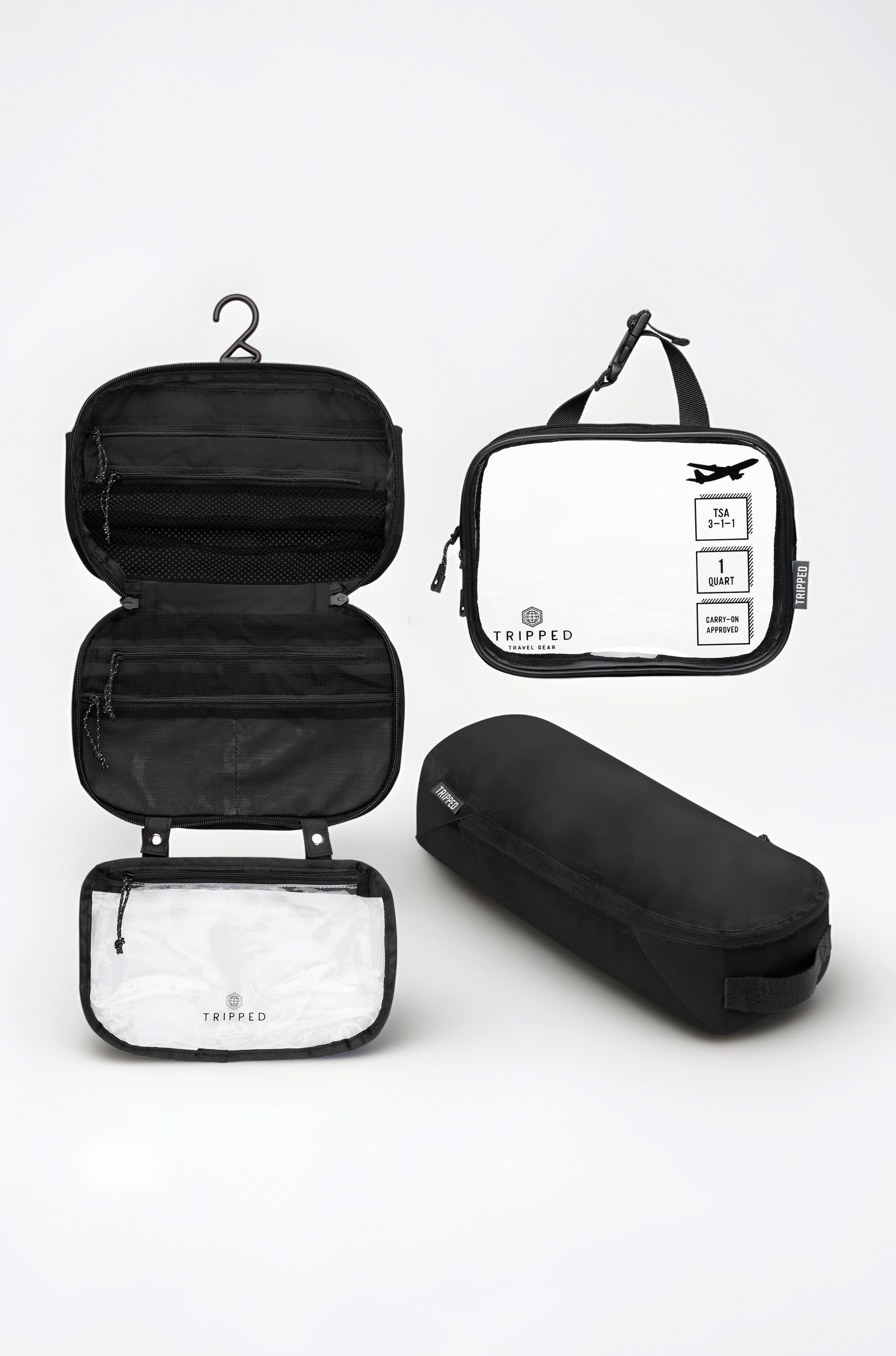 Toiletry Bag Kit Set: Hanging Travel Toiletry Bag + 311 TSA Cosmetic Liquid Bag + Ultralight Accessory Organizer Pouch, Black Ripstop, 3 Piece Toiletry Set