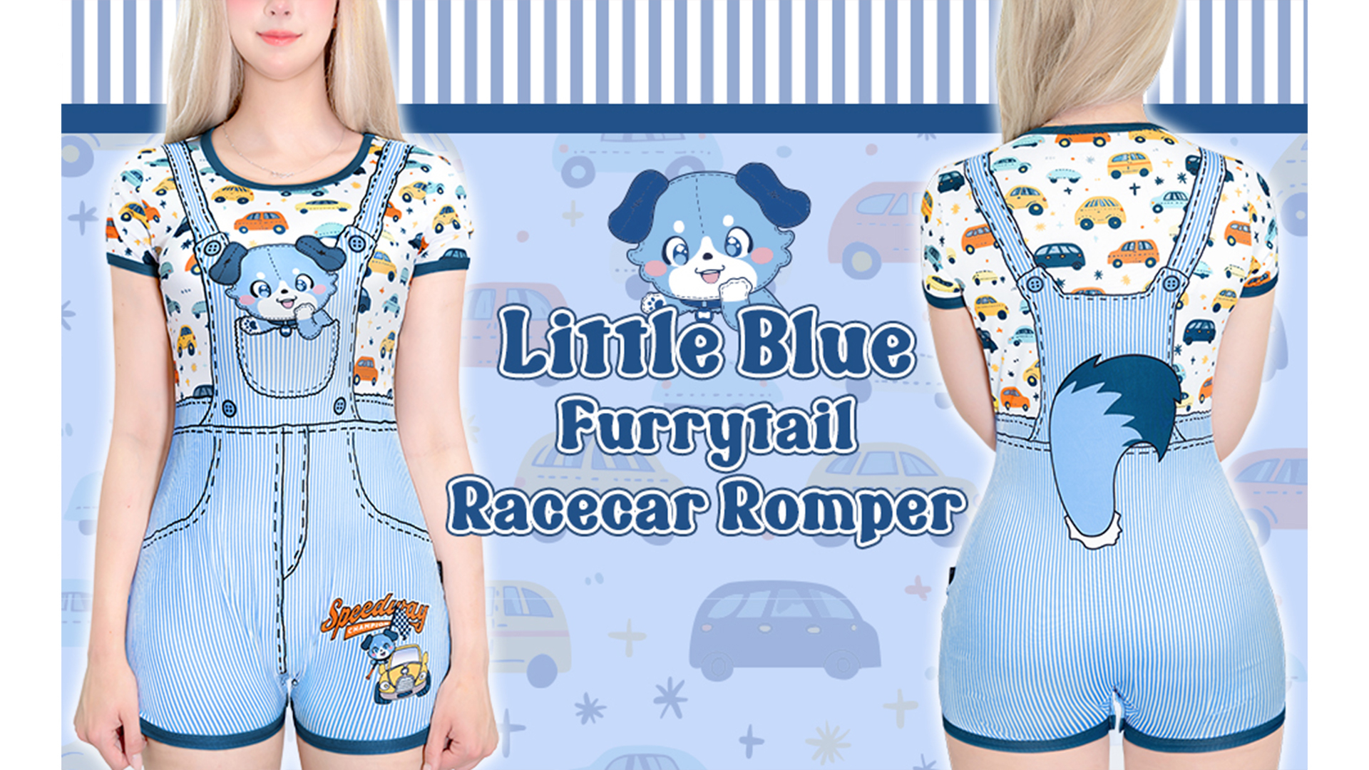 LittleForBig Seidiger Romper-Body - Blue Furrytail Rennauto Strampler