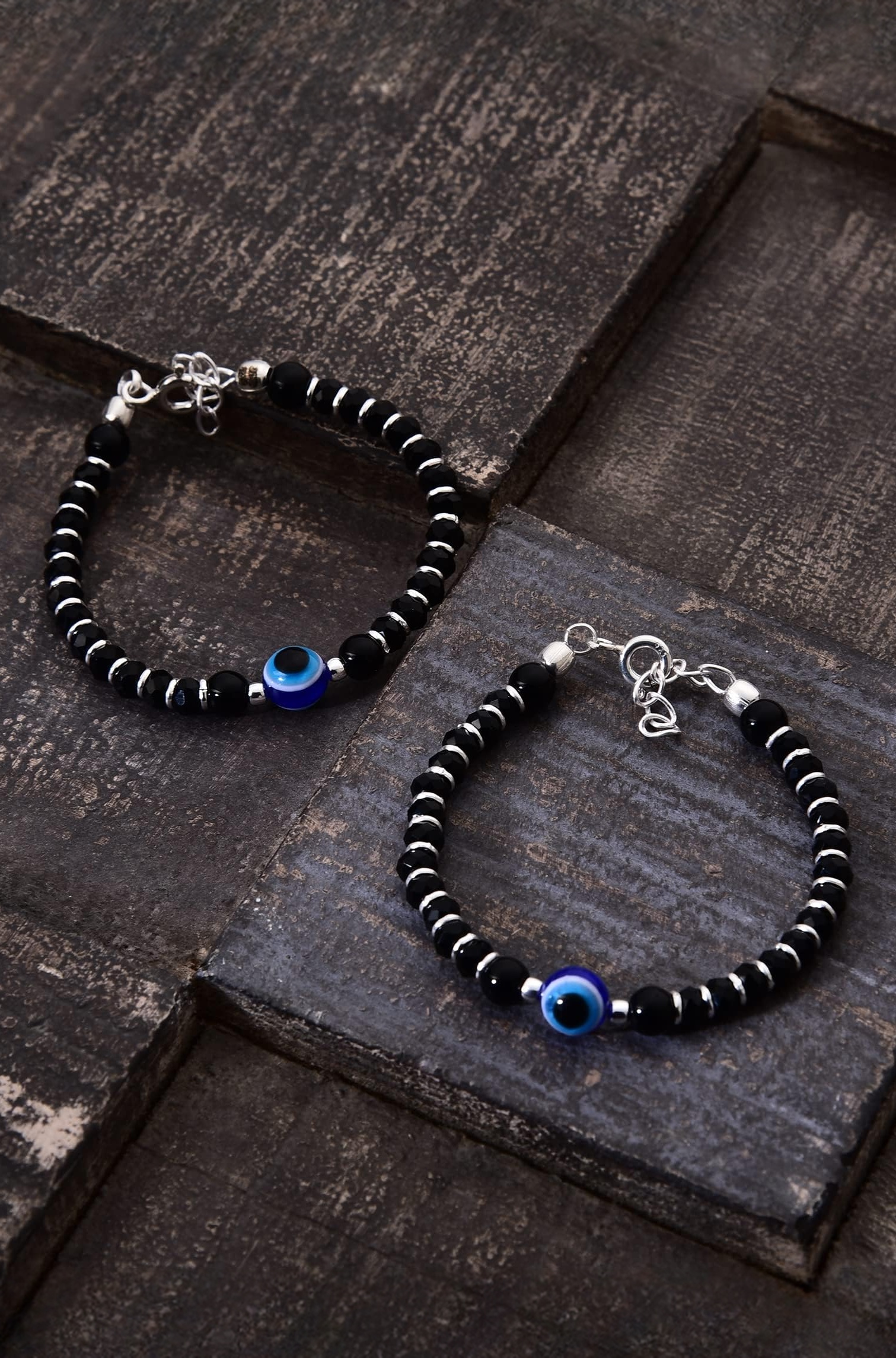 DHRUVS COLLECTION 925 Pure Silver Black Beads Crystal Nazariya Bracelet for Baby Boys & Girls - Set of 2