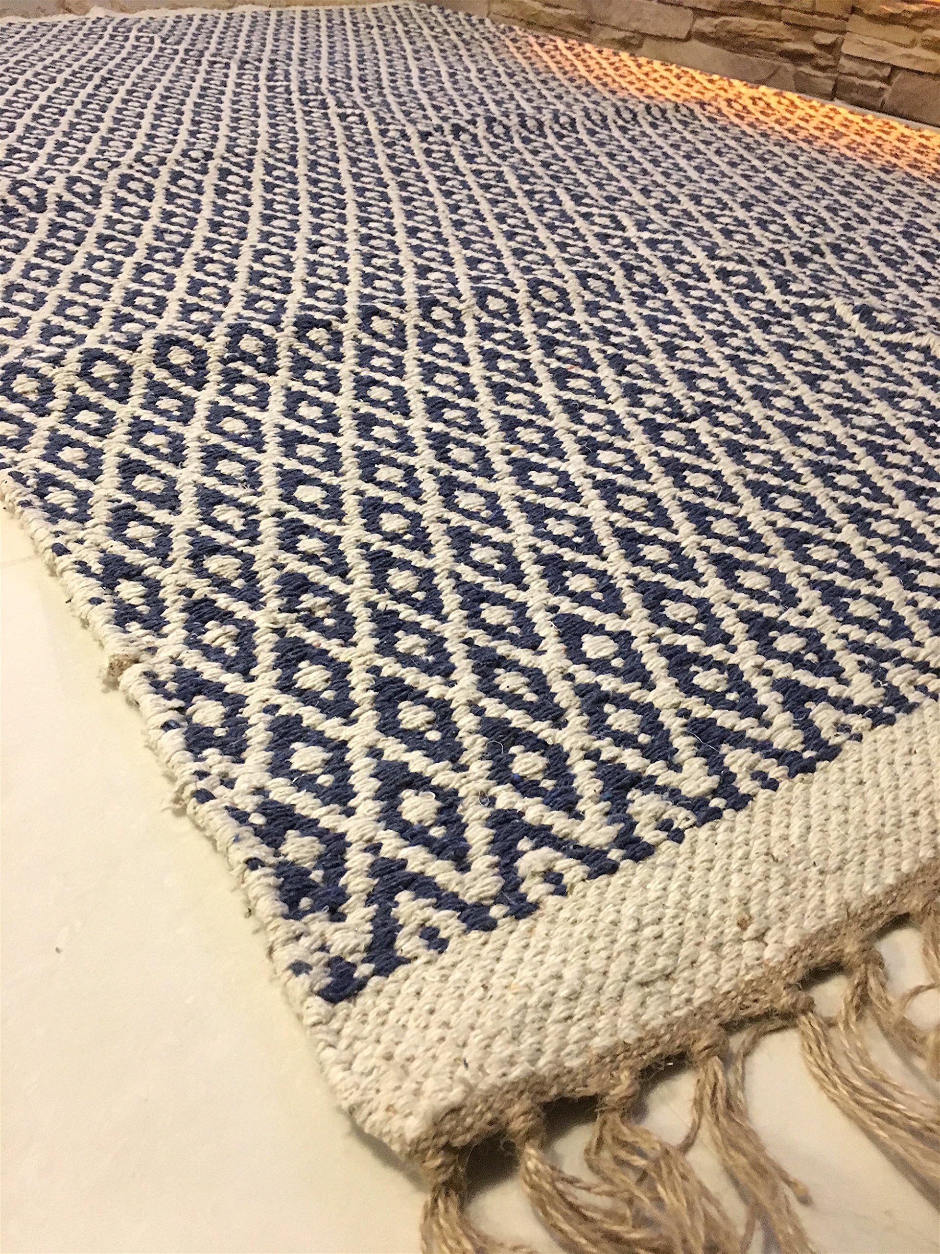 Denim Blue Cream Modern Contemporary Geometric Kilim Rugs Handmade Recycled Cotton and Jute Fringed Eco friendly Hall Runner (Runner 70x200cm - (2'4"x6'6"))