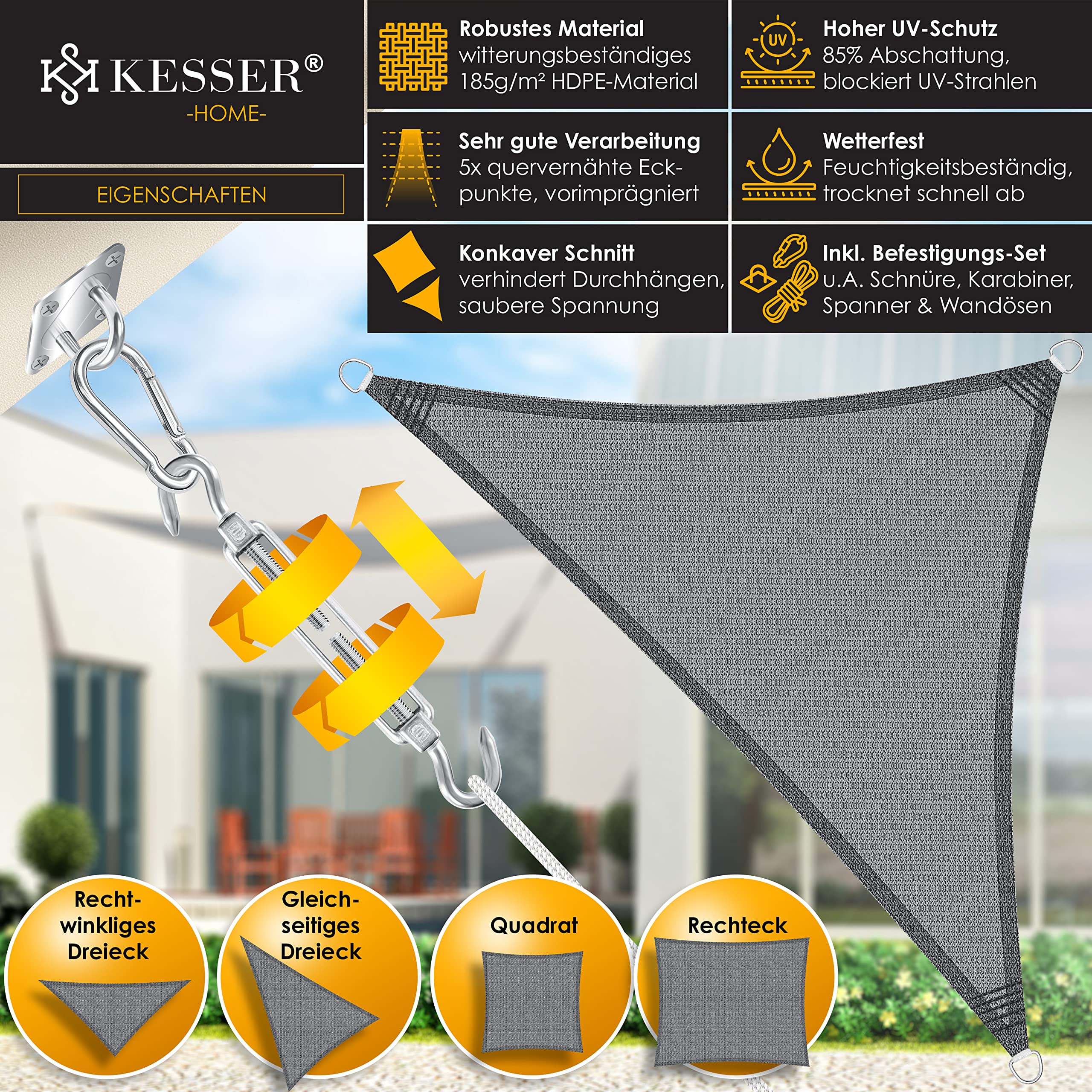 Voile D’Ombrage KESSER 3x5m Sable – Protection Solaire 85% UV, Imperméable, Robuste Pour Jardin, Terrasse, Balcon